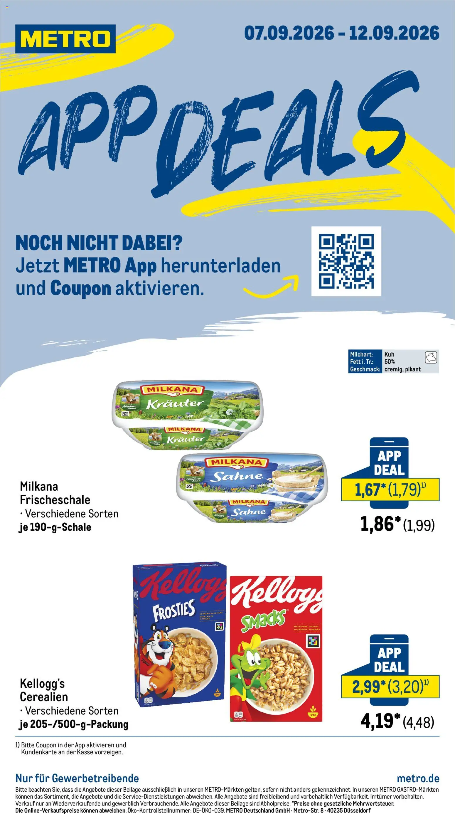 Metro App Deals – gültig ab 07.09.2026 | Seite: 1 | Produkte: Milkana, Kellogg's, Sahne