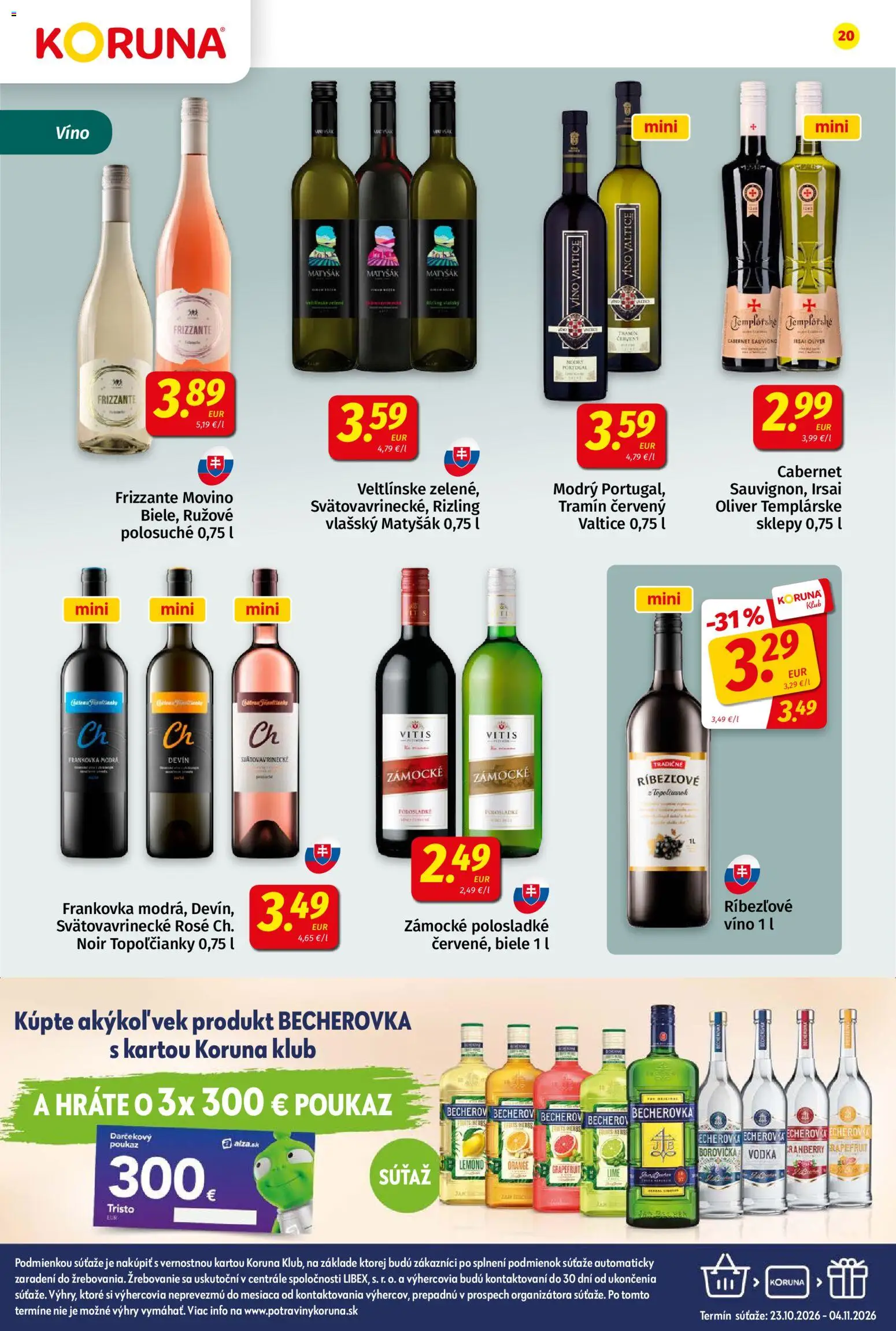 Nové Koruna akcie – leták je platný od 23.10.2026 | Strana: 20 | Produkty: Becherovka, Víno, Borovička, Grapefruit