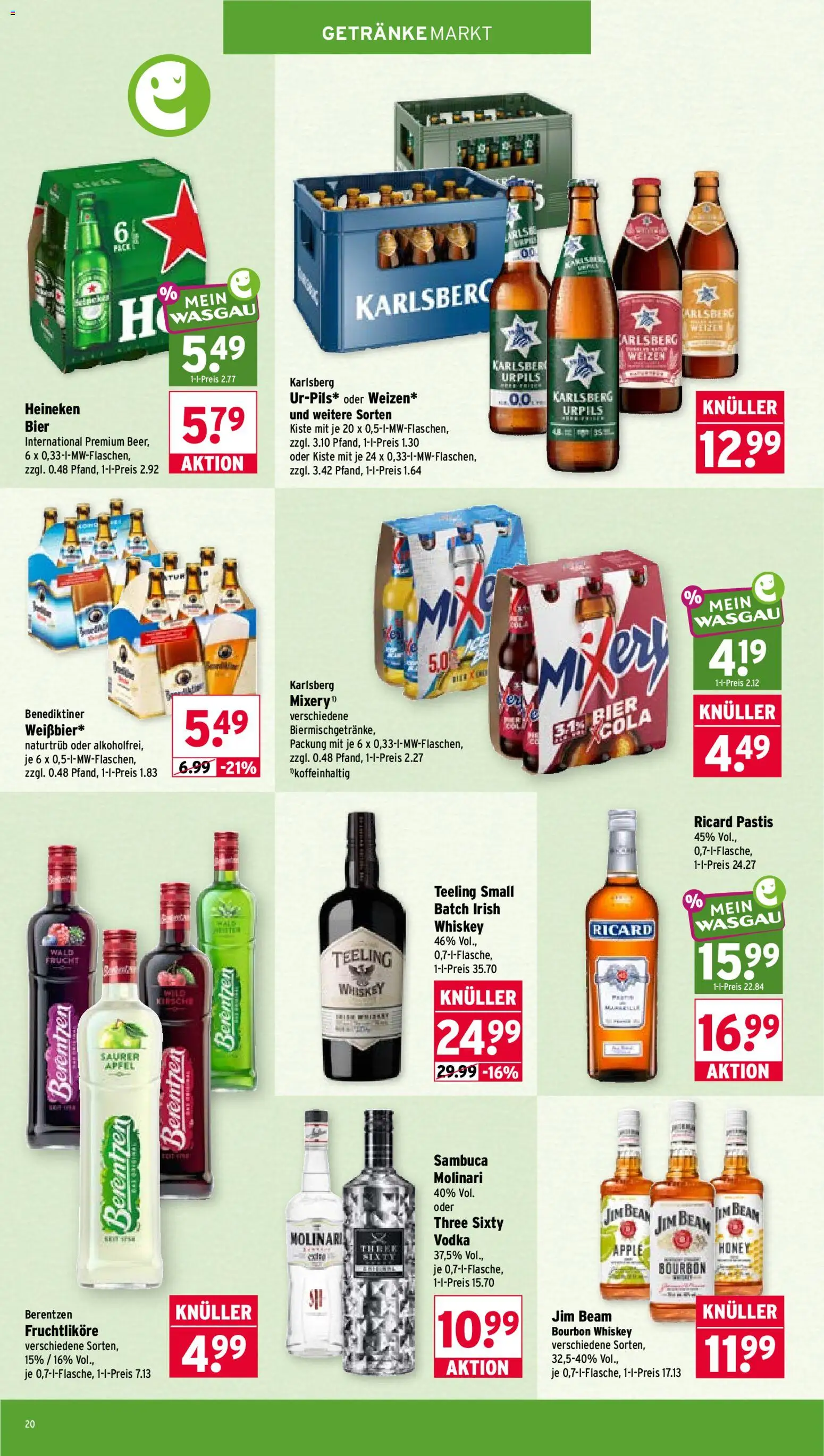 Wasgau Prospekt – gültig ab 28.09.2026 | Seite: 20 | Produkte: Heineken, Vodka, Sambuca molinari, Whiskey