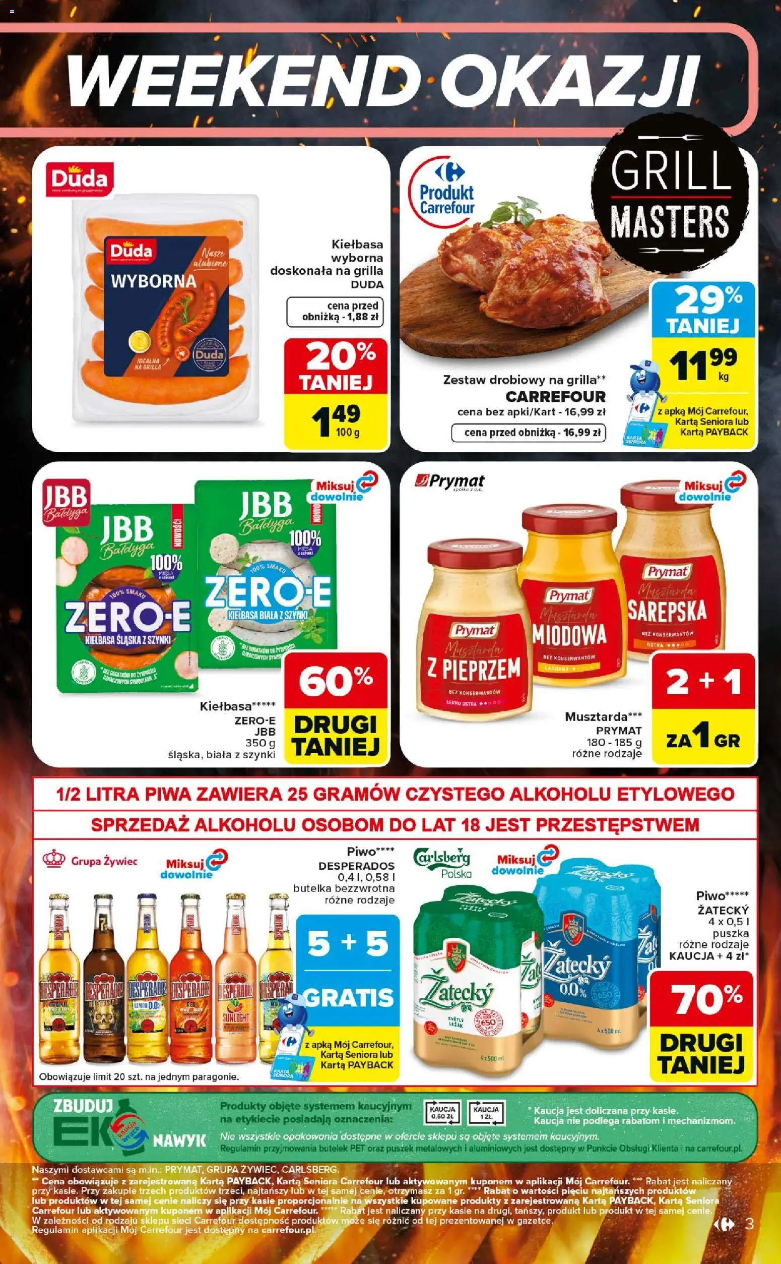 Carrefour gazetka - Weekend okazji od 02.07.2026 | Strona: 3 | Produkty: Kiełbasa, Grill, Kiełbasa biała z szynki, Leżak