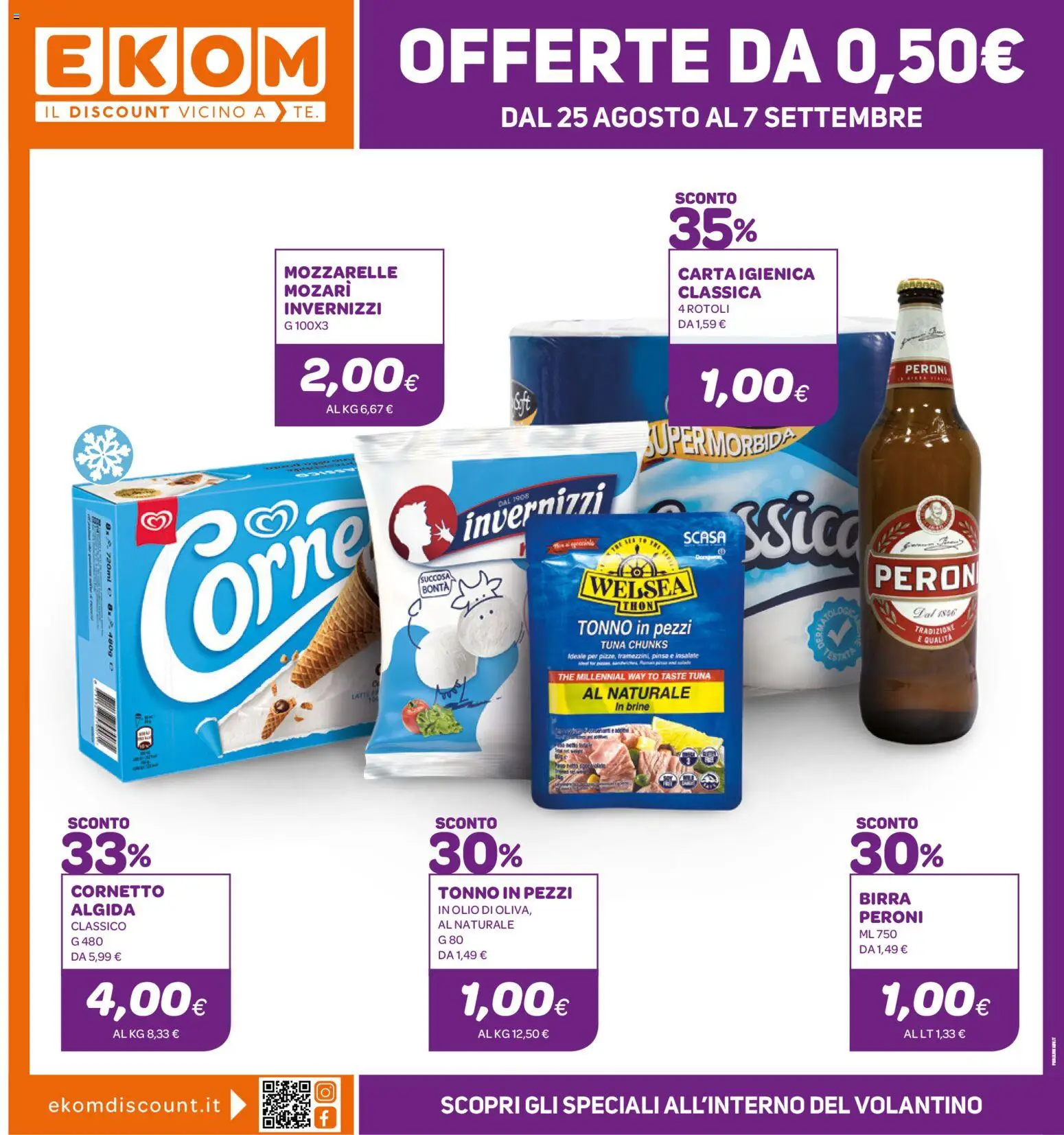 Volantino Ekom del 25/08/2026 | Pagina: 1 | Prodotti: Carta igienica, Cornetto, Olio, Tonno