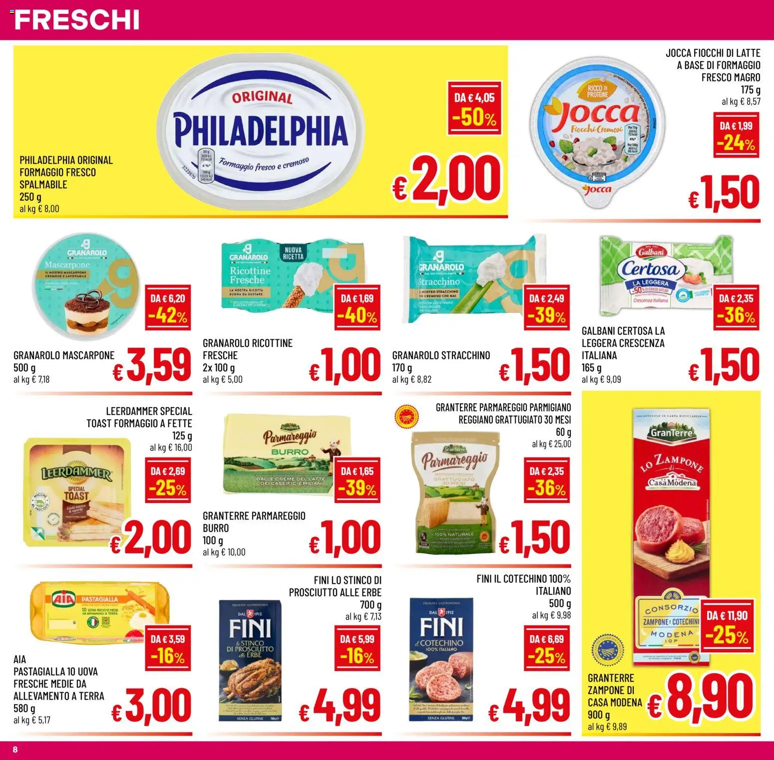 Volantino A&O del 14/10/2026 | Pagina: 8 | Prodotti: Formaggio a fette, Fiocchi di latte, Ricotta, Parmigiano