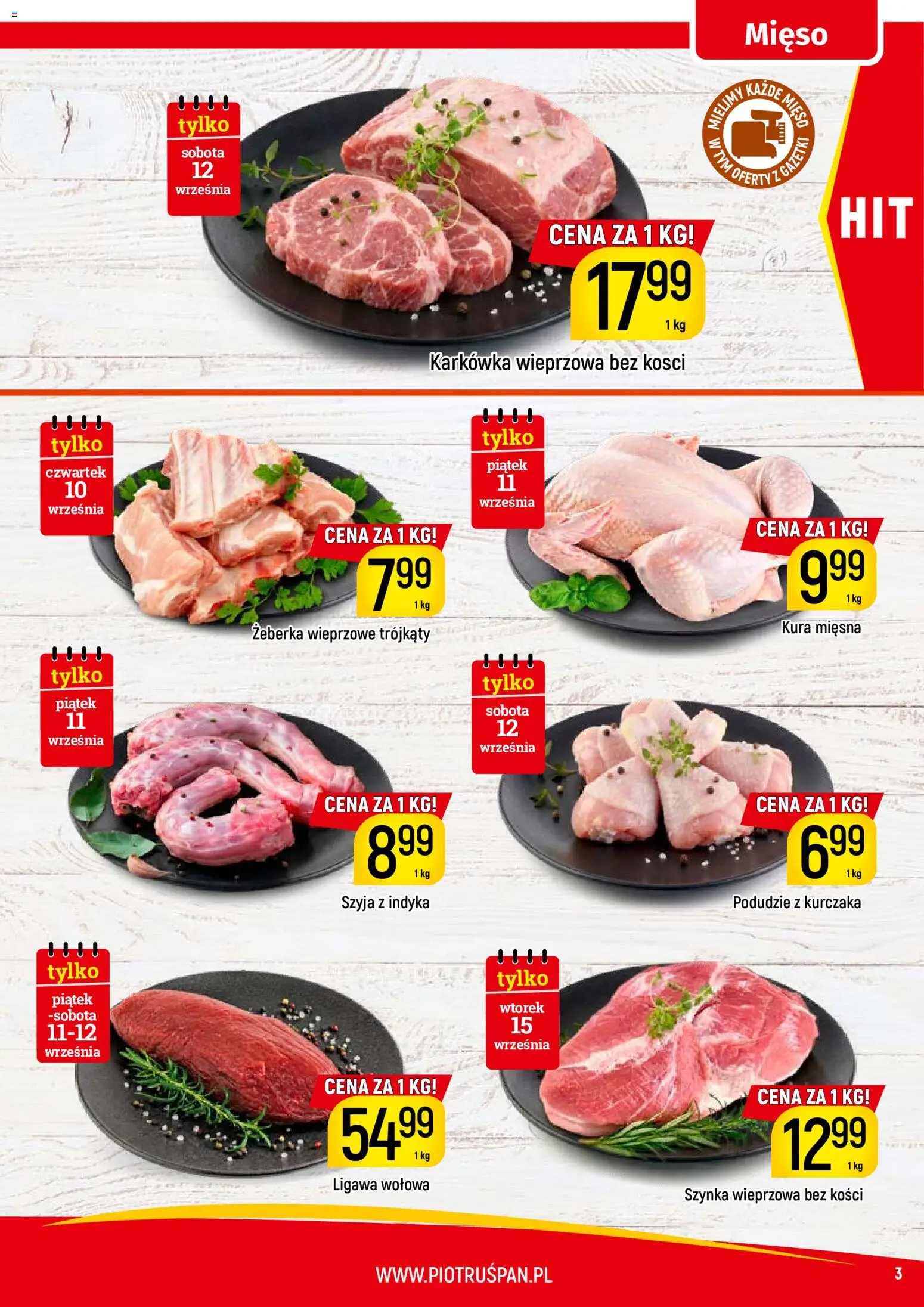 Piotruś Pan gazetka od 10.09.2026 | Strona: 3 | Produkty: Żeberka, Karkówka wieprzowa, Szynka wieprzowa, Szynka