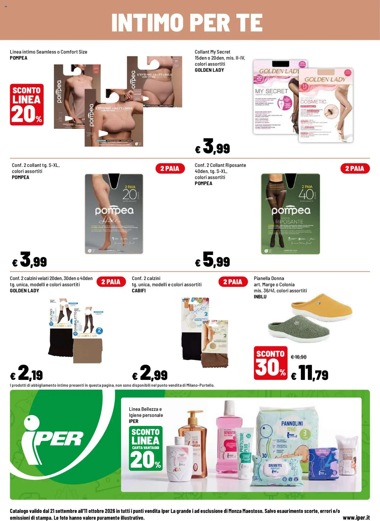 Volantino Iper del 21/09/2026 | Pagina: 20 | Prodotti: Pannolini, Tè, Calzini, Collant