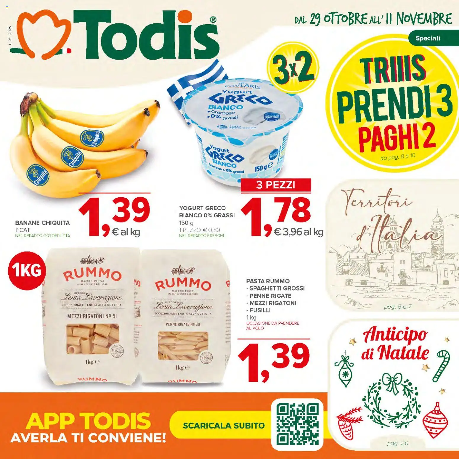 Volantino Todis del 29/10/2026 | Pagina: 1 | Prodotti: Banane, Rigatoni, Yogurt bianco, Spaghetti