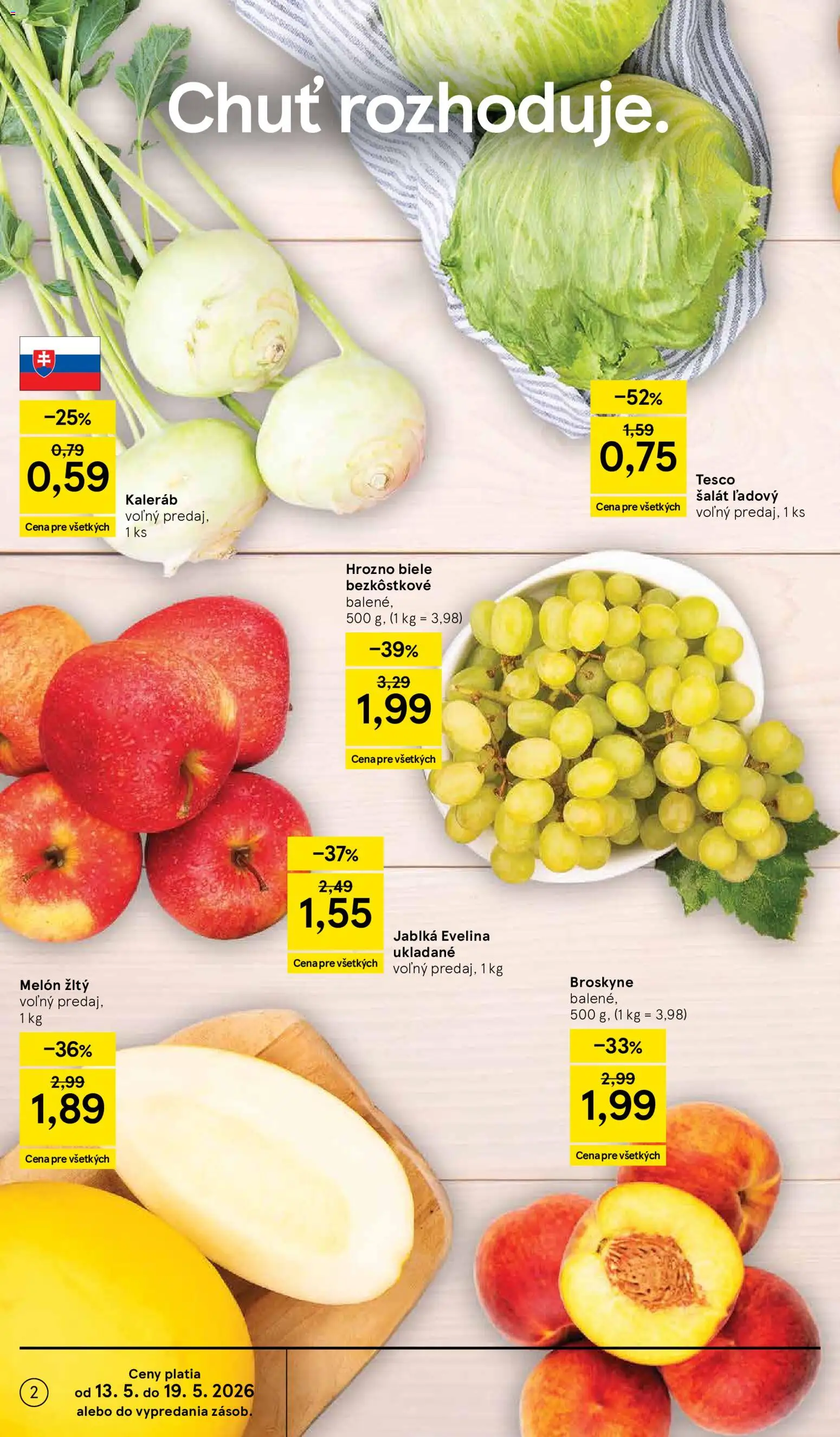 Nové Tesco akcie – leták je platný od 13.05.2026 | Strana: 2 | Produkty: Šalát, Melón, Broskyne, Hrozno