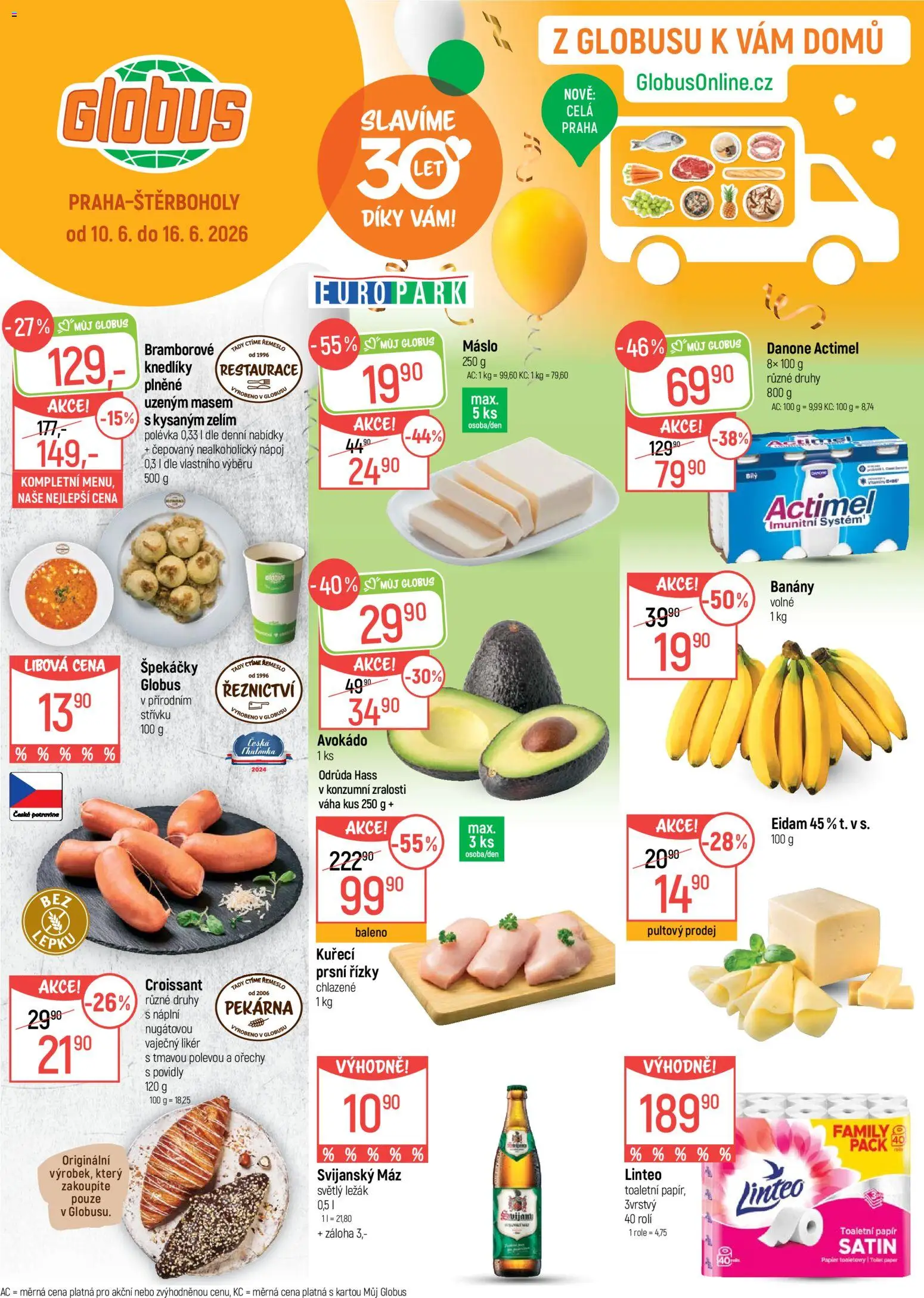 Globus leták - Praha-Štěrboholy od 10.06.2026 | Strana: 1 | Produkty: Banány, Ořechy, Croissant, Actimel