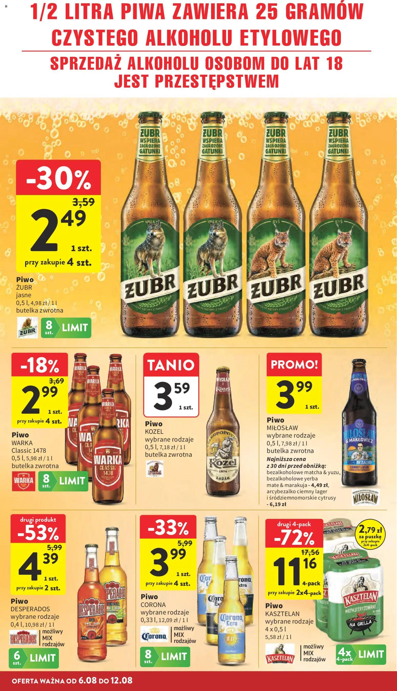 Intermarche gazetka od 06.08.2026 | Strona: 30 | Produkty: Piwo żubr, Warka, Piwo kozel, Yerba mate
