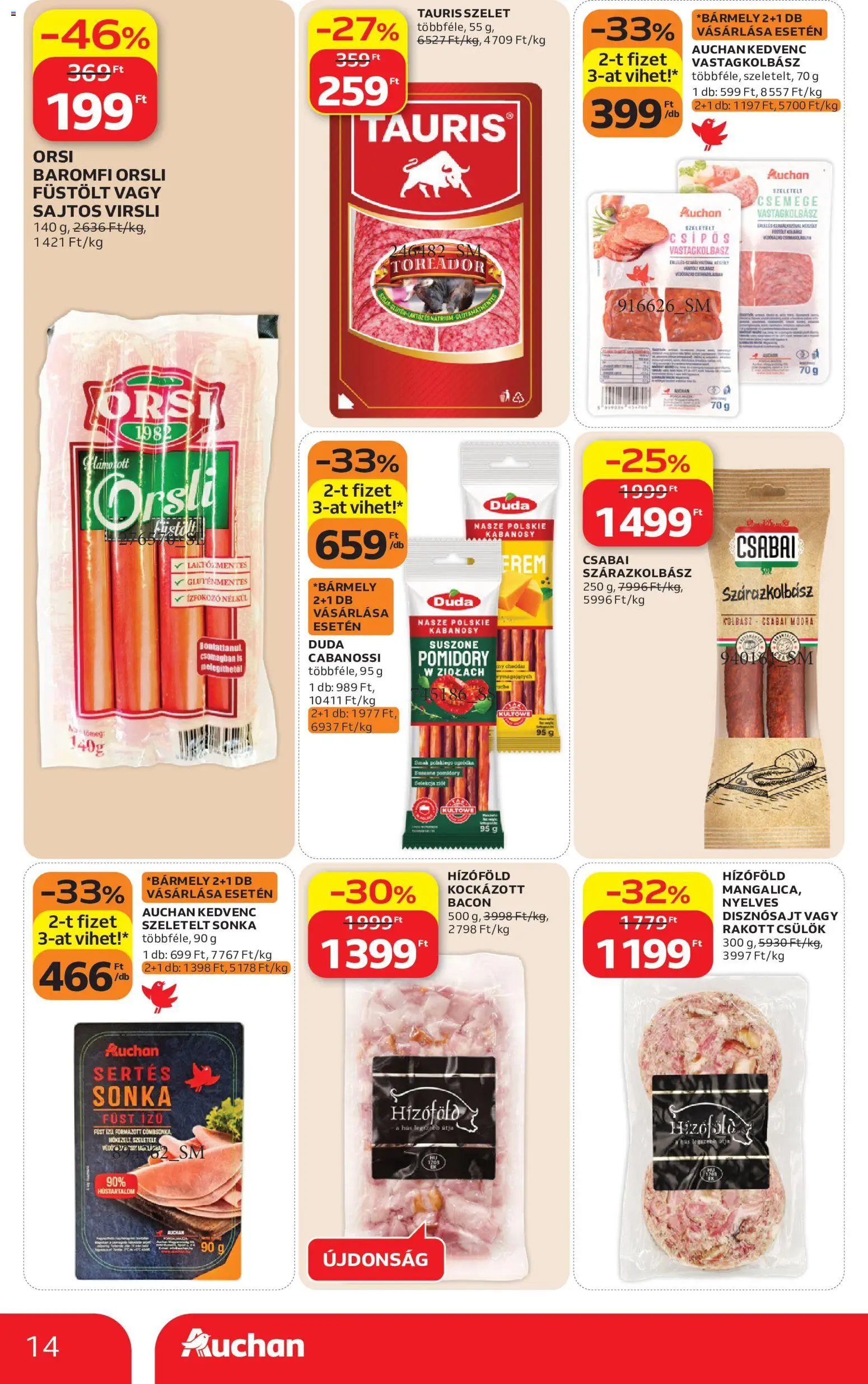Auchan akciós ujság - amely érvényes a következő dátumtól: 21.05.2026 | Oldal: 14 | Termékek: Kolbász, Sonka, Bacon, Gluténmentes