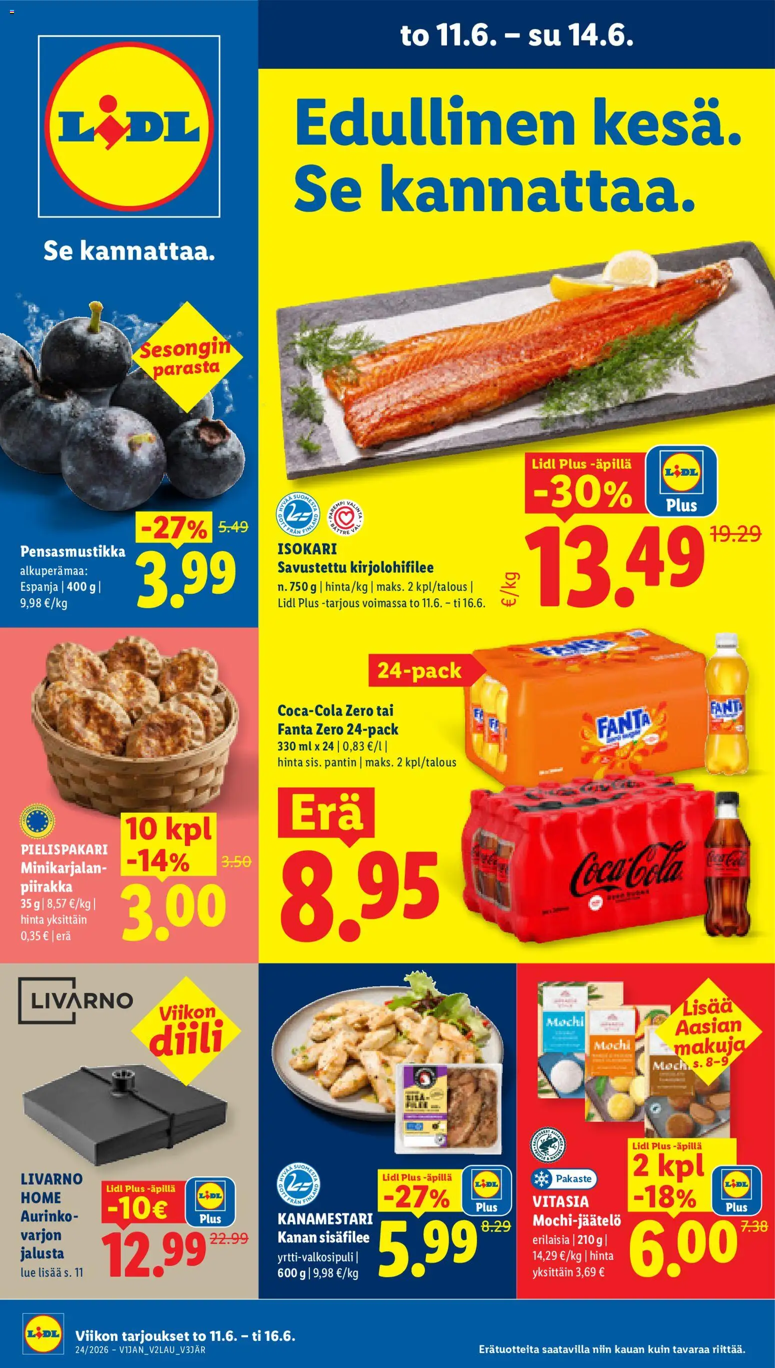 Lidl tarjoukset – voimassa 11.06.2026 alkaen | Sivu: 1 | Tuotteet: Jalusta, Coca cola, Fanta, Piirakka