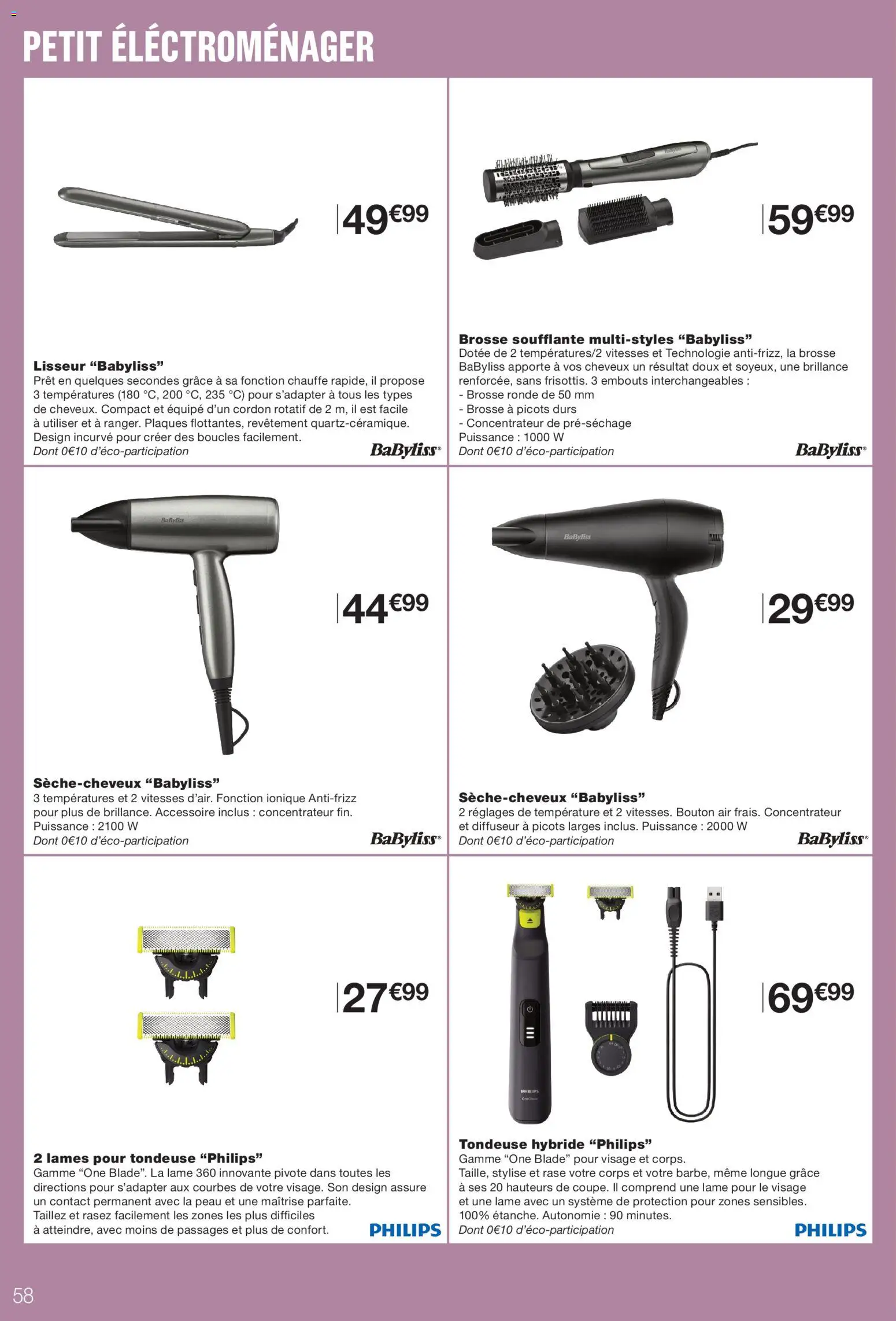 {H1} | Page: 58 | Produits: Petit électroménager, Lisseur, Brosse ronde, Brosse soufflante