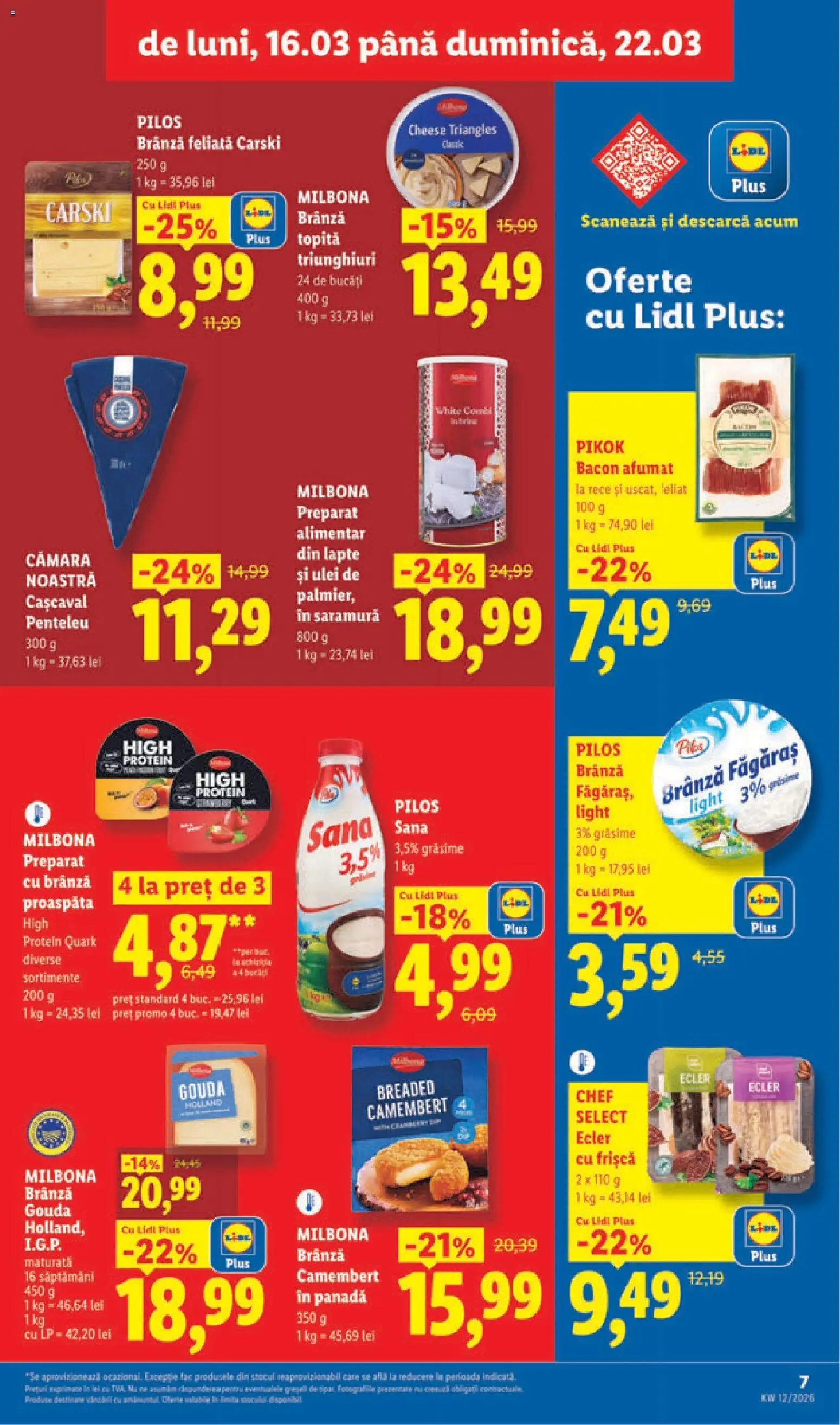 Noul catalog Lidl – valabil de la 16.03.2026 | Pagină: 7 | Produse: Bacon, Lapte, Frișcă, Gouda