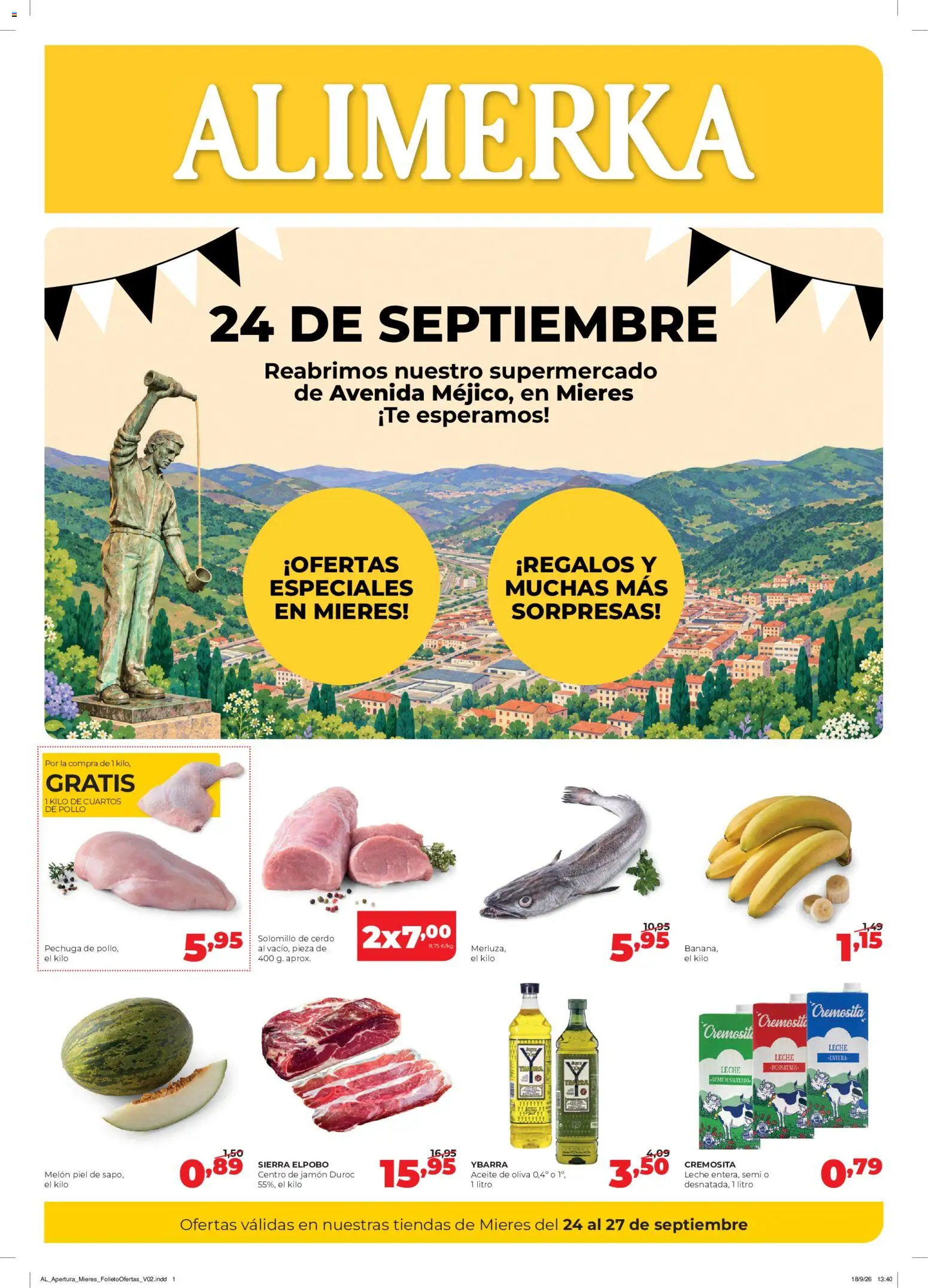 Alimerka Apertura Mieres │ válido desde el 24/09/2026 | Página: 1 | Productos: Leche entera, Aceite, Aceite de oliva, Pollo