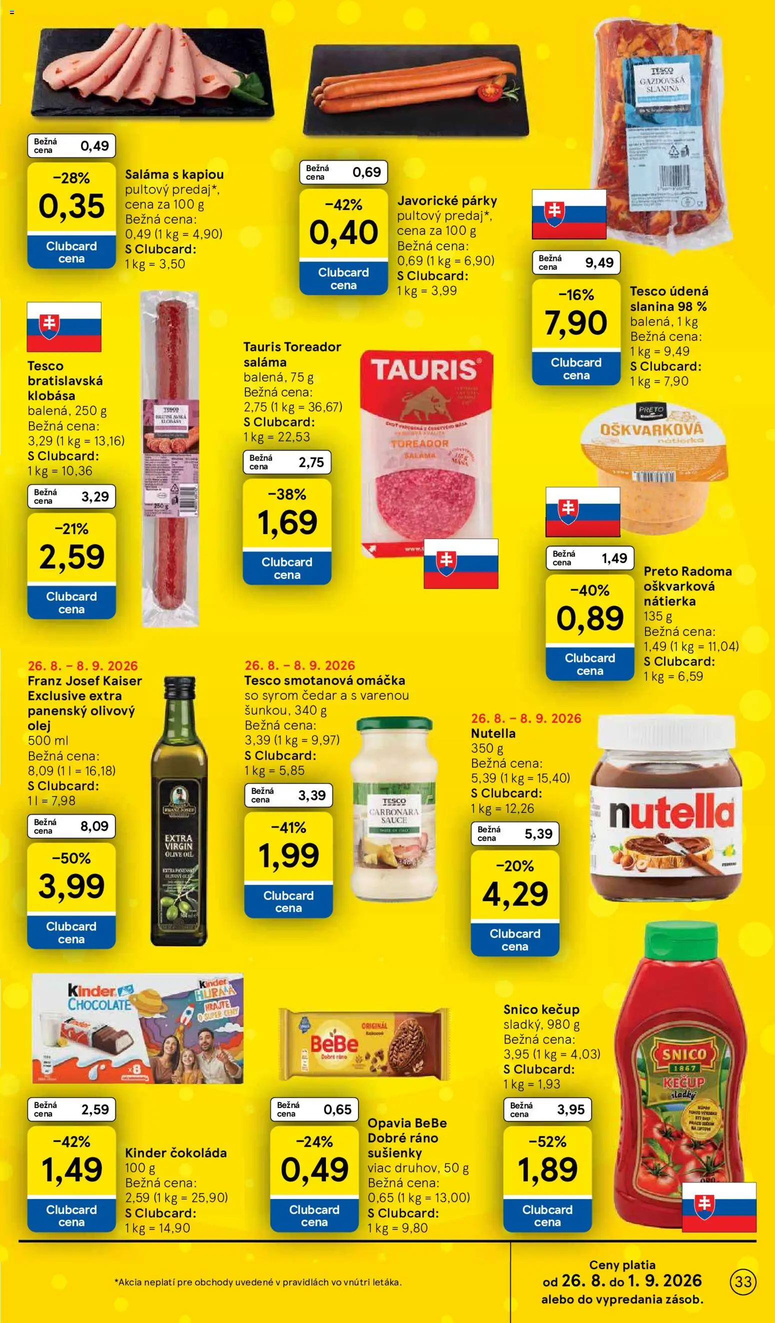 Nové Tesco akcie – leták je platný od 26.08.2026 | Strana: 33 | Produkty: Saláma, Slanina, Klobása, Párky