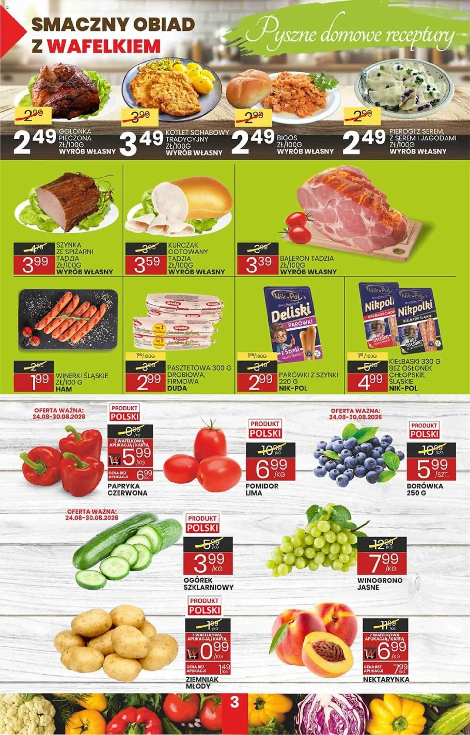 Wafelek gazetka od 24.08.2026 | Strona: 3 | Produkty: Kotlet, Winogrono, Kiełbaski, Ogórek szklarniowy