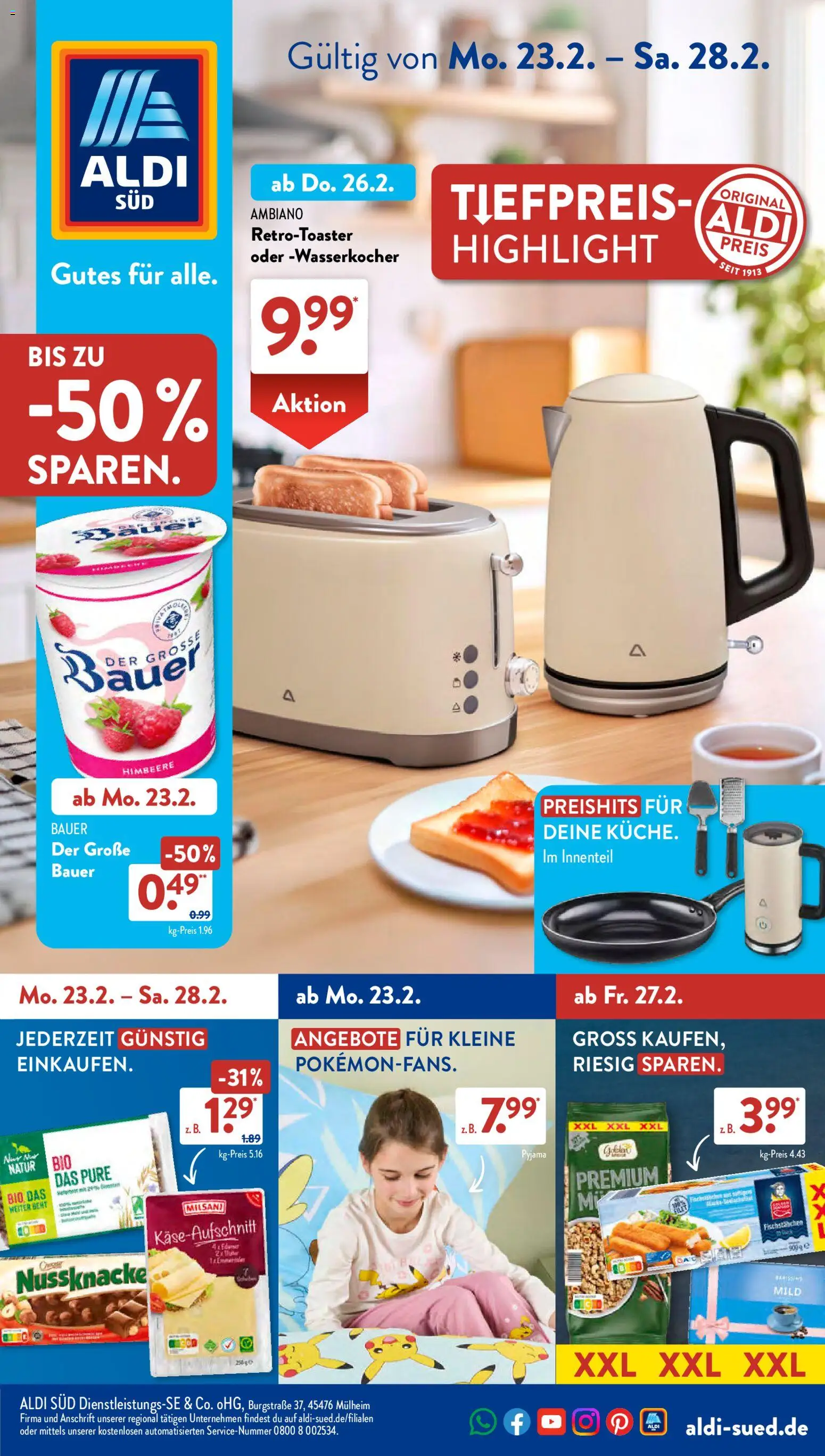 Aldi Süd Prospekt 	 – gültig ab 23.02.2026 | Seite: 1 | Produkte: Wasserkocher, Fischstabchen, Pyjama
