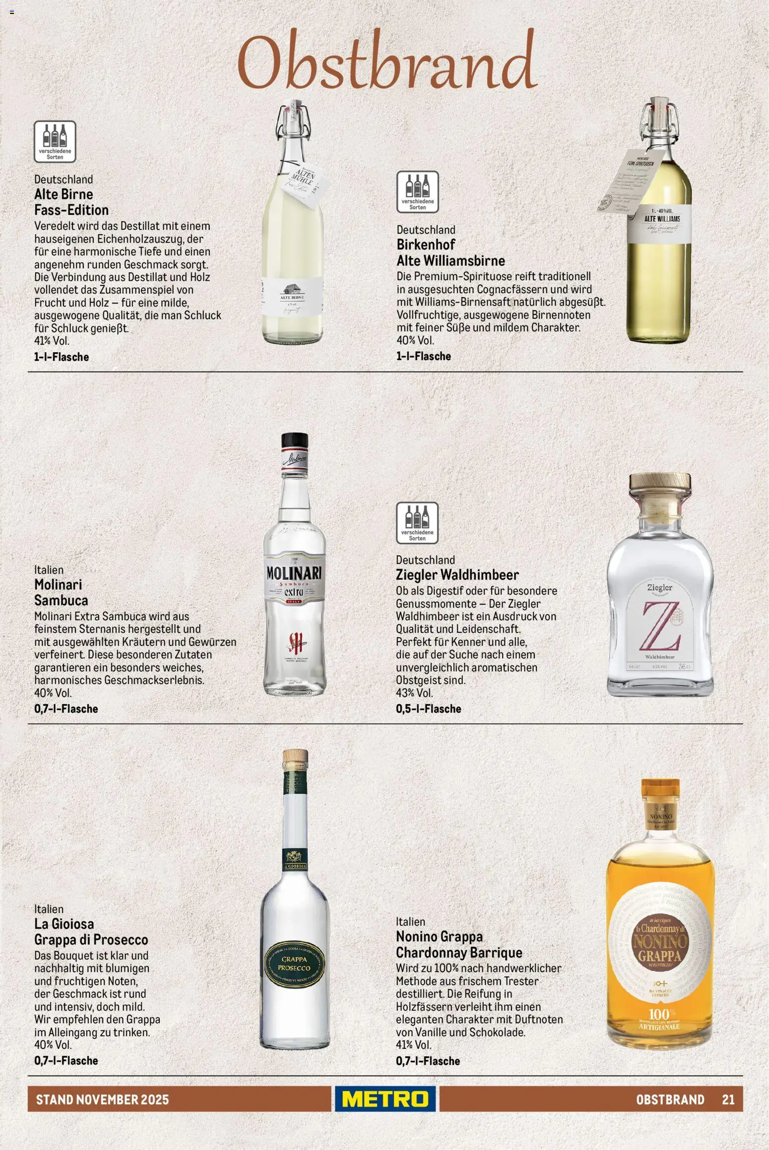 Metro - Spirituosen Sortiment – gültig ab 01.12.2025 | Seite: 21 | Produkte: Sambuca, Vanille, Prosecco, Birne