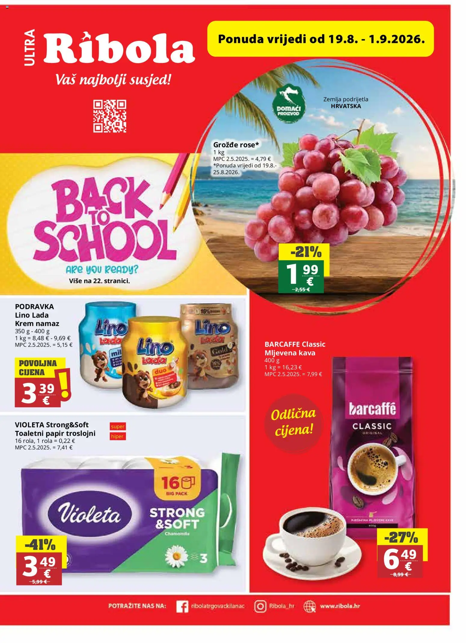 Ribola katalog | vrijedi od 19.08.2026 | Stranica: 1 | Proizvodi: Mljevena kava, Toaletni papir, Grožđe, Violeta