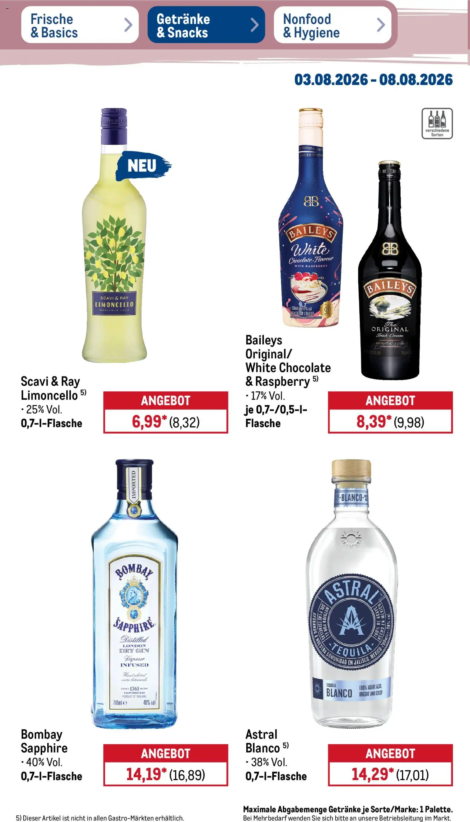 Metro Non Food & Hygiene – gültig ab 03.08.2026 | Seite: 23 | Produkte: Tequila, Limoncello, Baileys, Gin