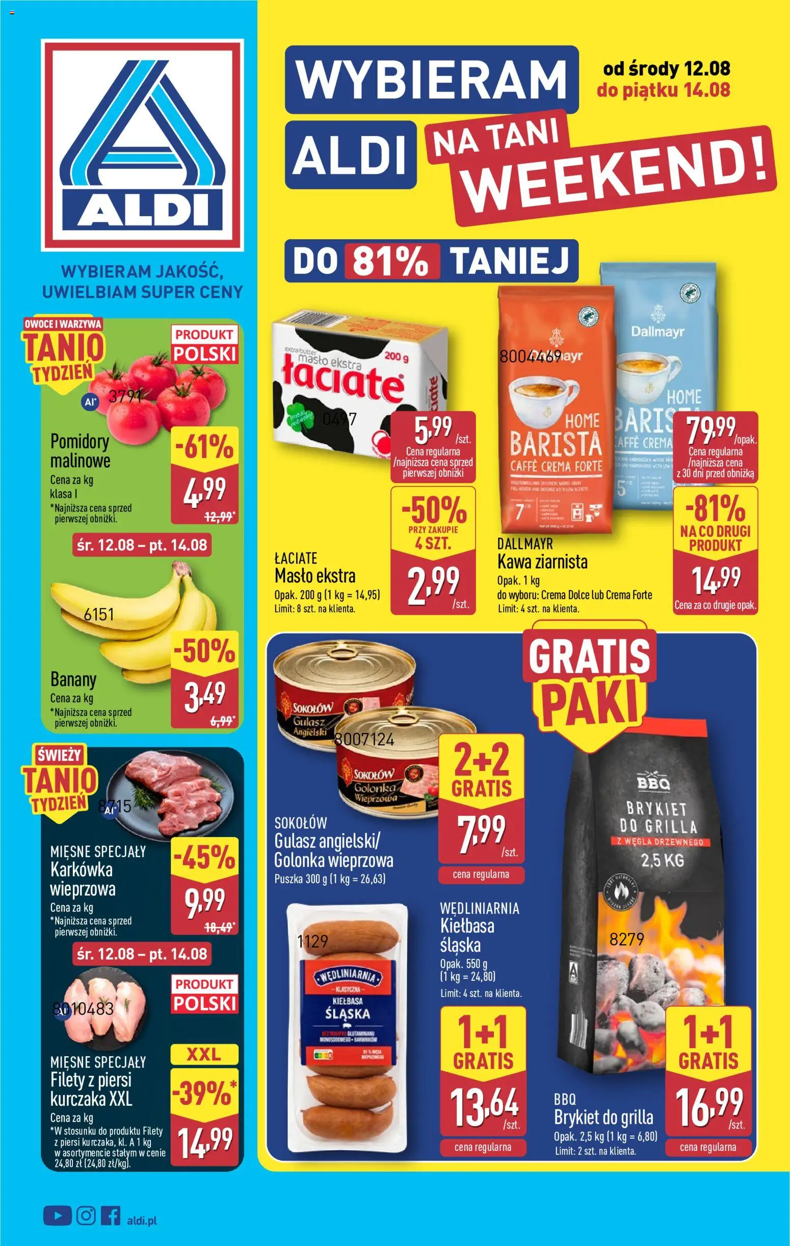 Aldi gazetka - Oferta weekendowa od 12.08.2026 | Strona: 1 | Produkty: Kiełbasa, Karkówka, Dallmayr, Warzywa