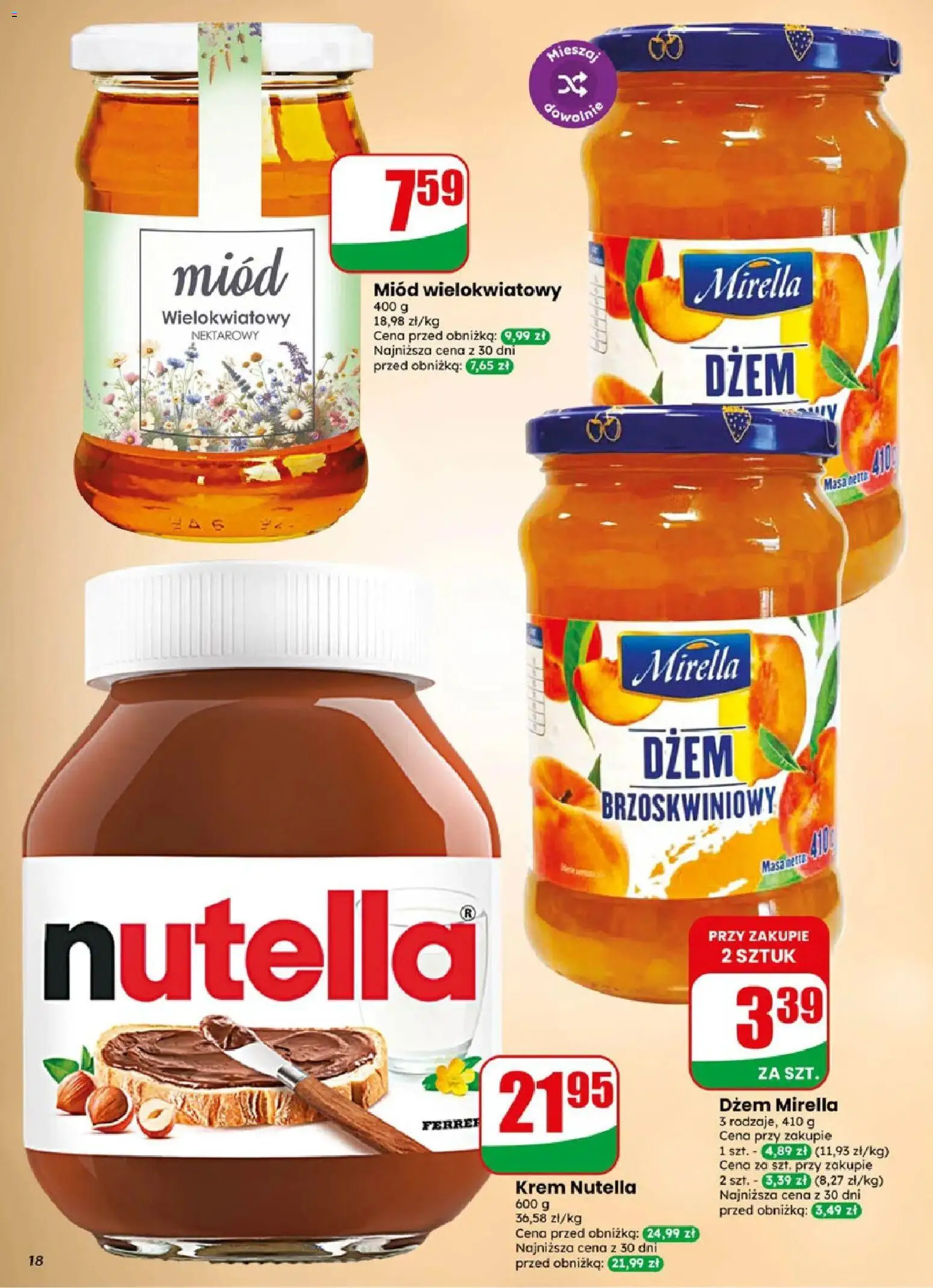 Dino gazetka od 06.05.2026 | Strona: 18 | Produkty: Miód, Nutella, Dżem, Krem