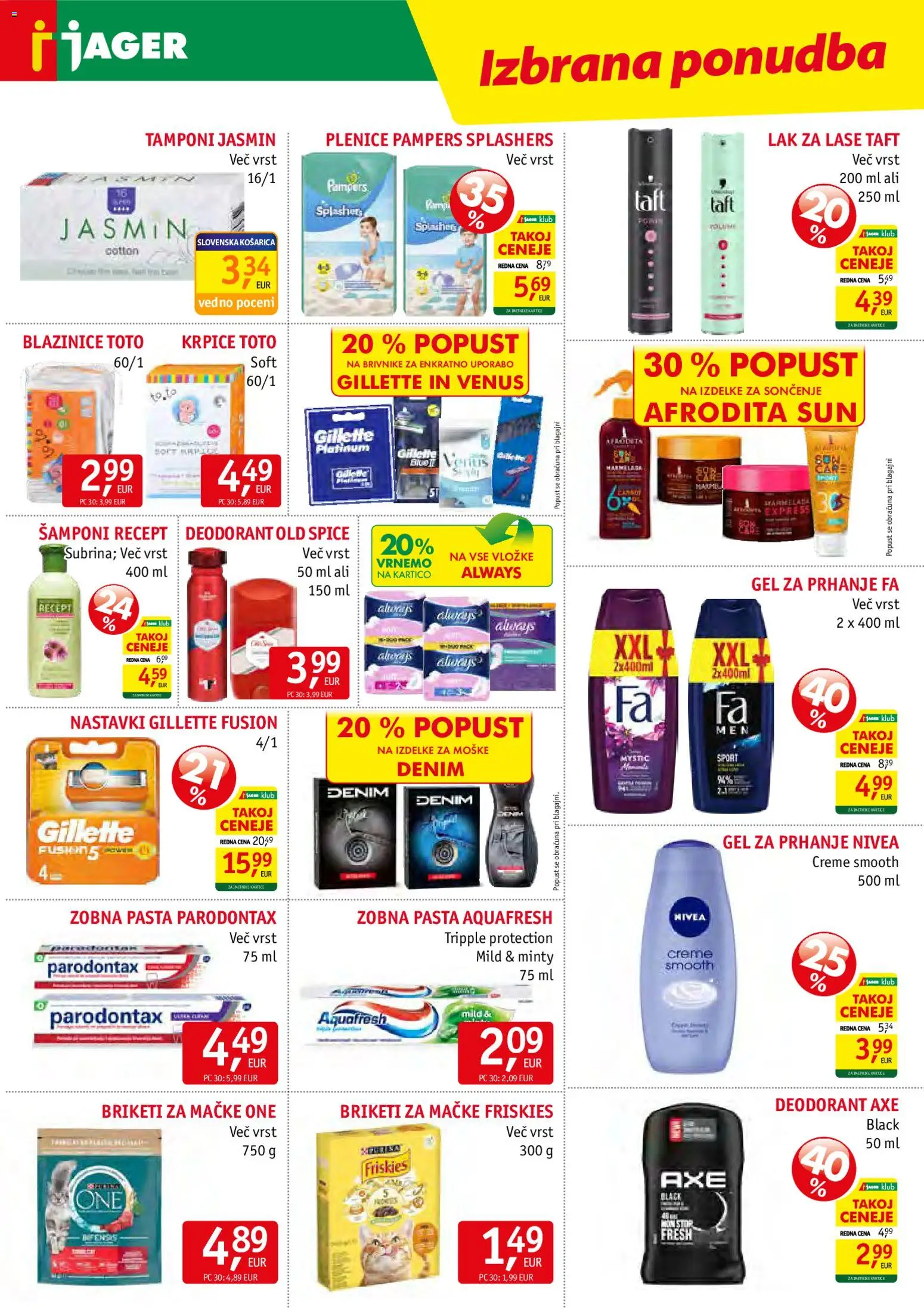 Novi Jager katalog ponudbe – veljaven od 05.08.2026 | Stran: 14 | Izdelki: Plenice, Tamponi, Lak za lase, Lak