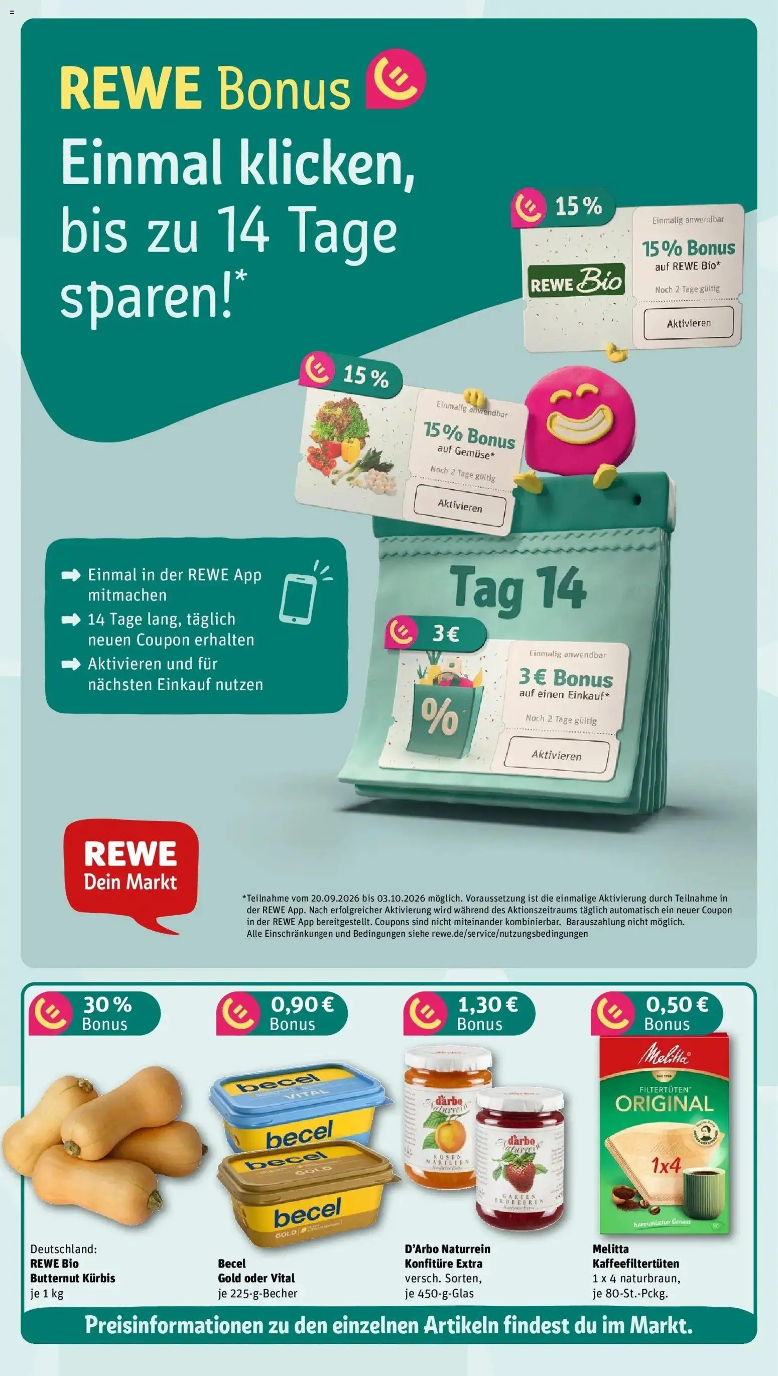 REWE Prospekt ab 21.09.2026 zum Blättern » Angebote | Seite: 3 | Produkte: Melitta, Becel, Kürbis
