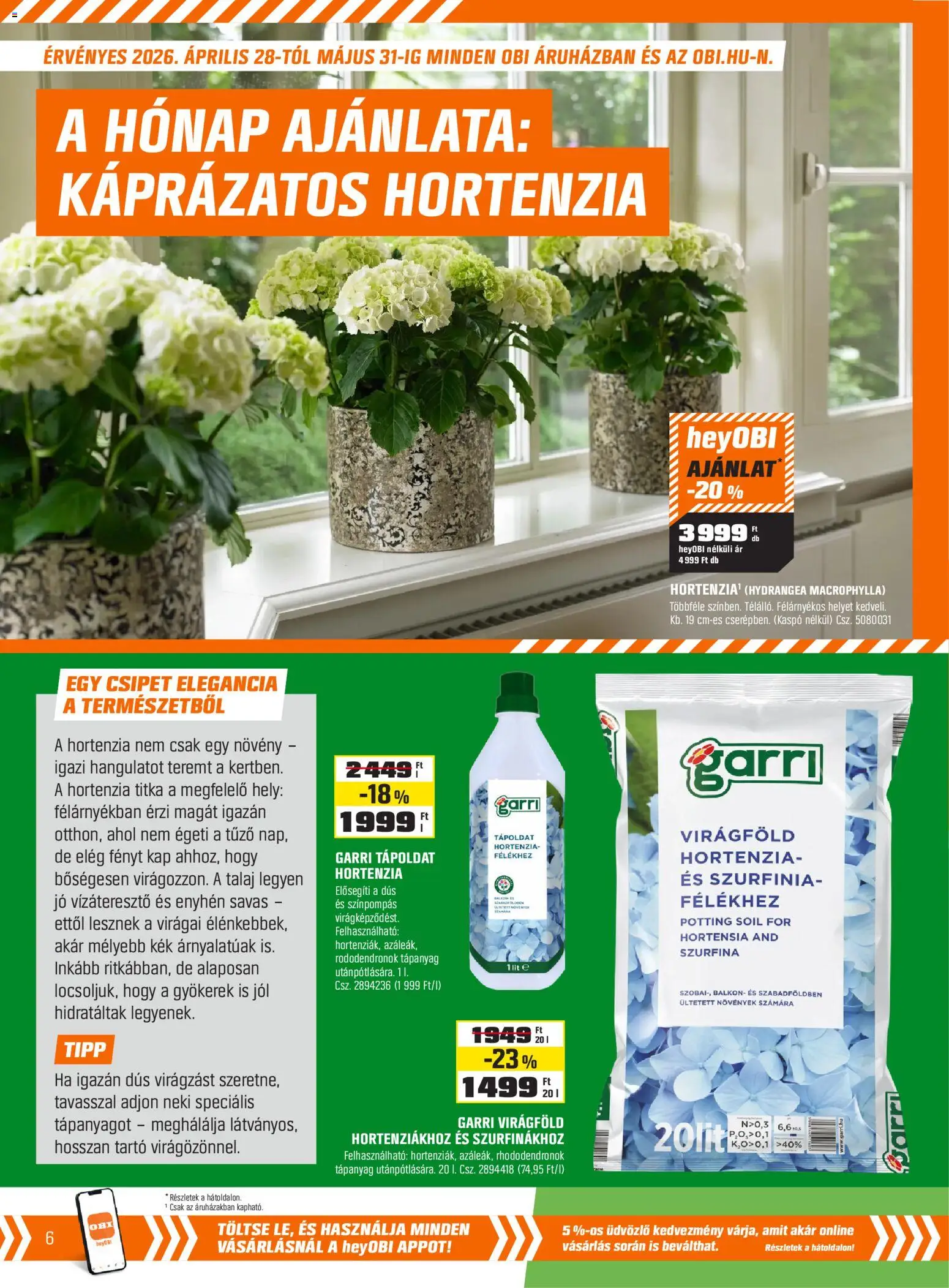 OBI akciós ujság - amely érvényes a következő dátumtól: 07.05.2026 | Oldal: 6 | Termékek: Hortenzia, Tápoldat, Virágföld, Kaspó