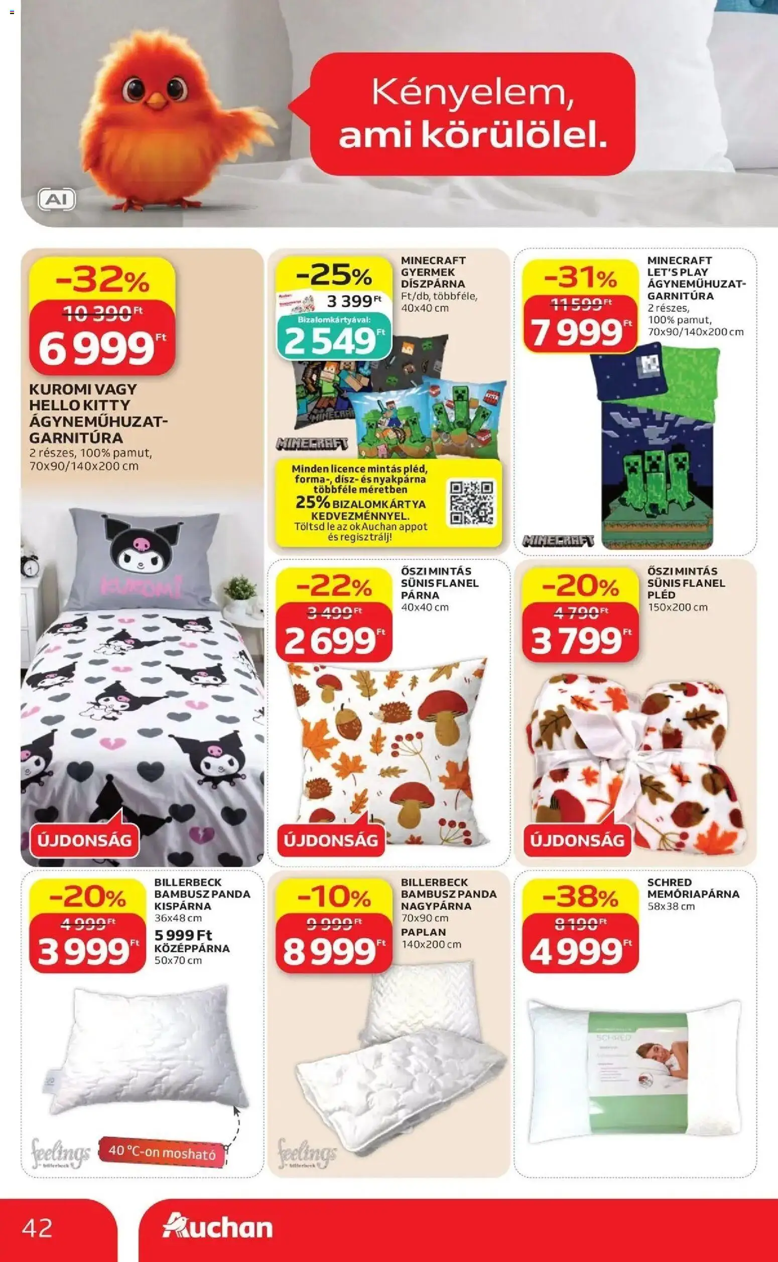 Auchan akciós újság Szolnok - 2026.08.27. -tól/töl > akció, lapozható szórólap 🛍️ | Oldal: 42 | Termékek: Párna, Minecraft, Ágyneműhuzat, Díszpárna