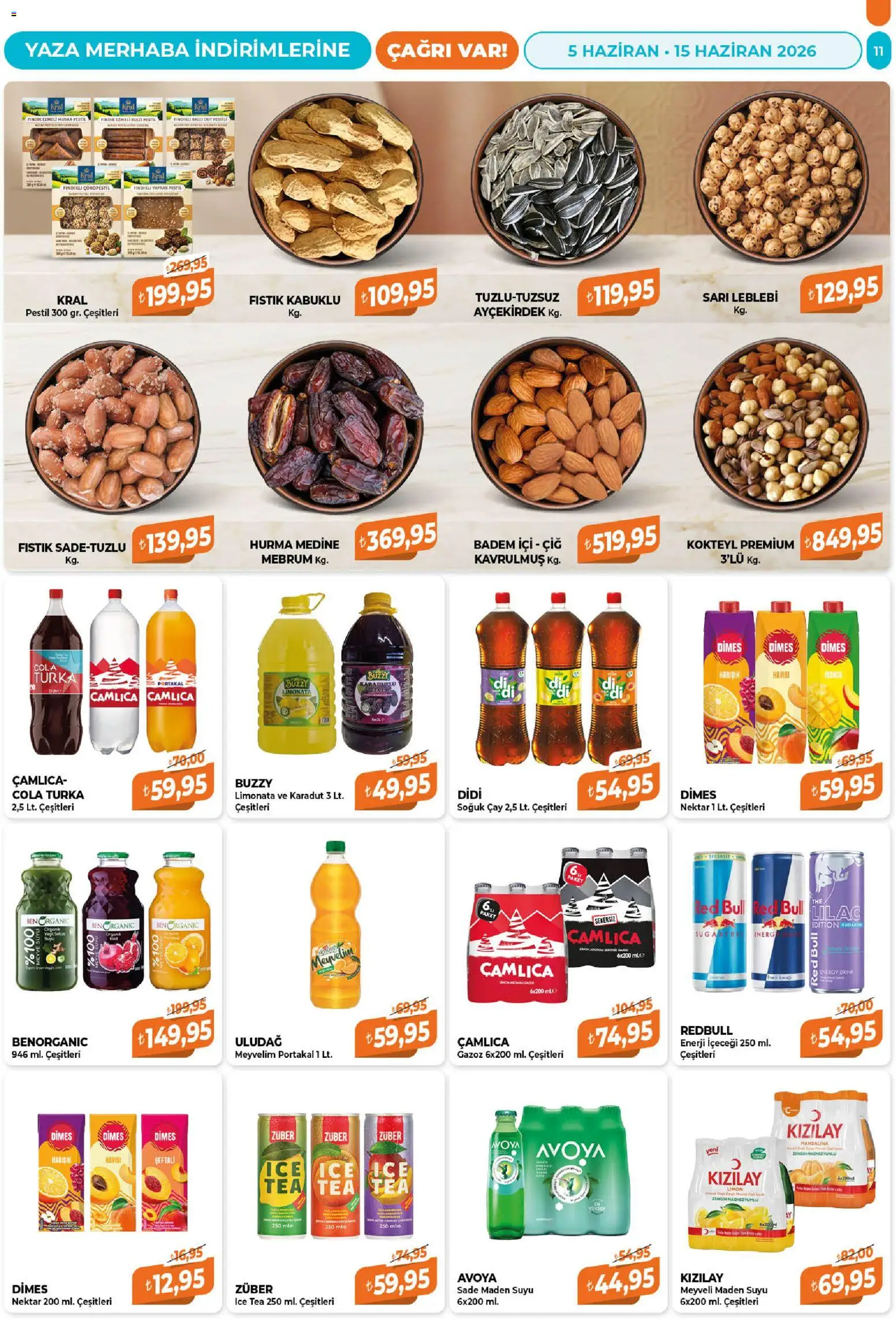 Çağrı Market Katalog - 05.06.2026 tarihinden itibaren geçerlidir | Sayfa: 11 | Ürünler: Meyve suyu, Hurma, Enerji içeceği, Maden suyu