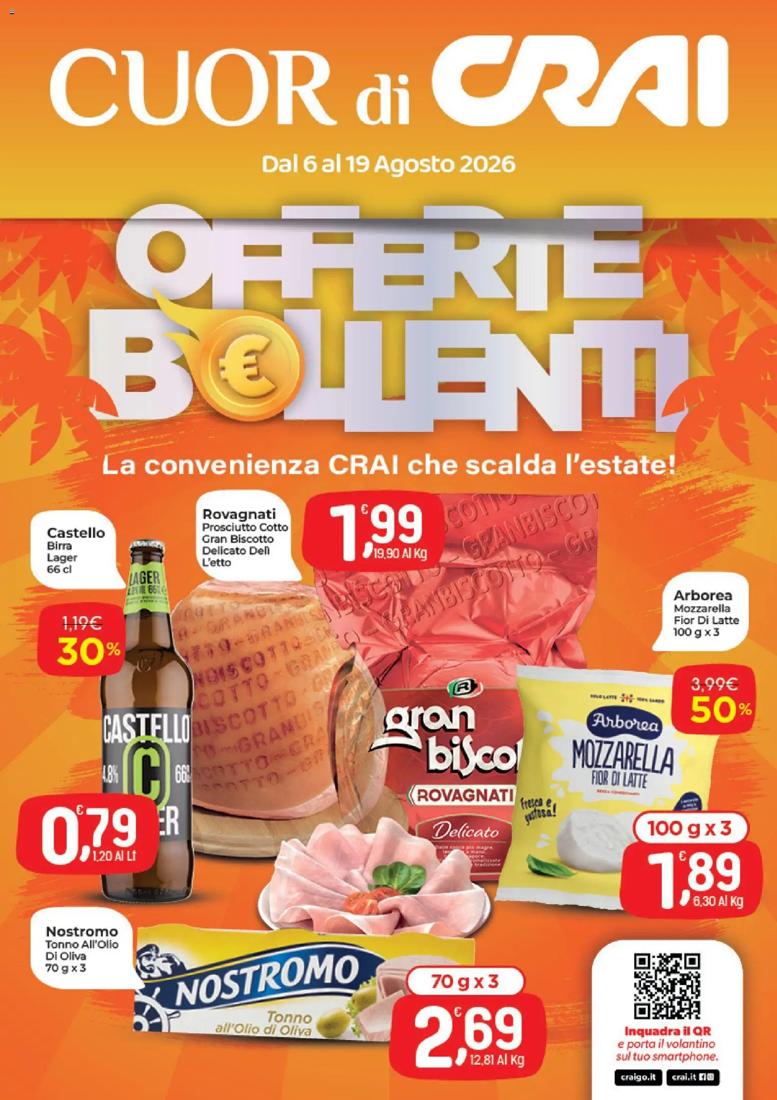 Volantino CRAI del 06/08/2026 | Pagina: 1 | Prodotti: Prosciutto Cotto, Porta, Birra, Mozzarella