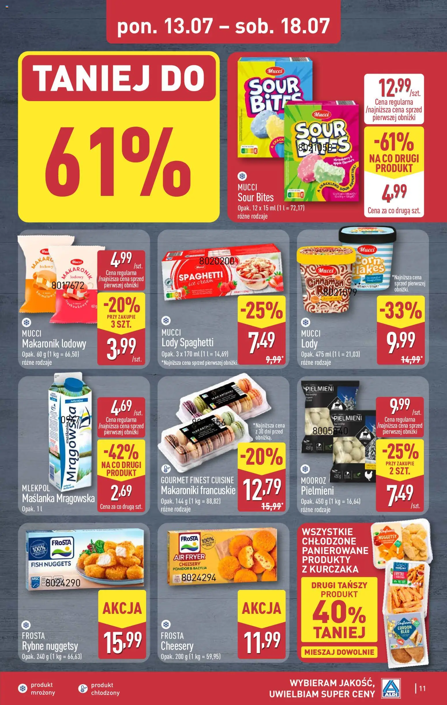 Aldi gazetka od 13.07.2026 | Strona: 11 | Produkty: Maślanka, Makaron, Frytki, Lody