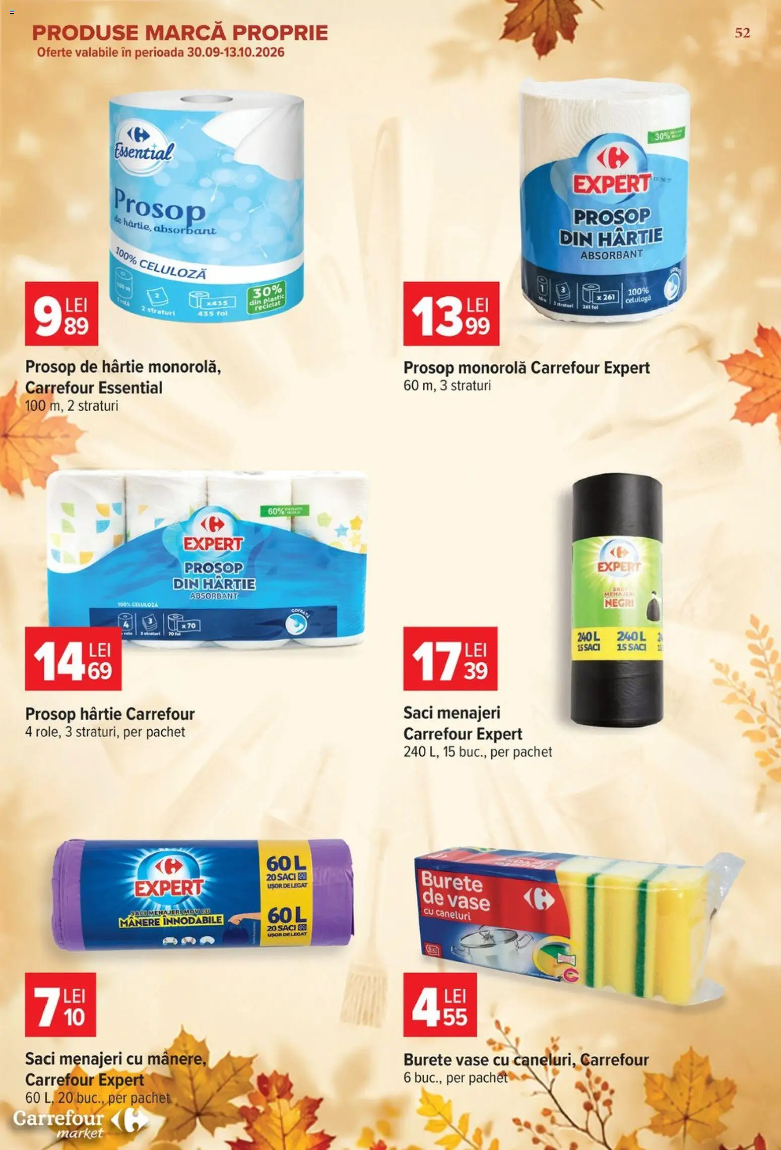 Noul catalog Carrefour – valabil de la 30.09.2026 | Pagină: 52 | Produse: Prosop monorolă, Vase, Saci menajeri, Burete