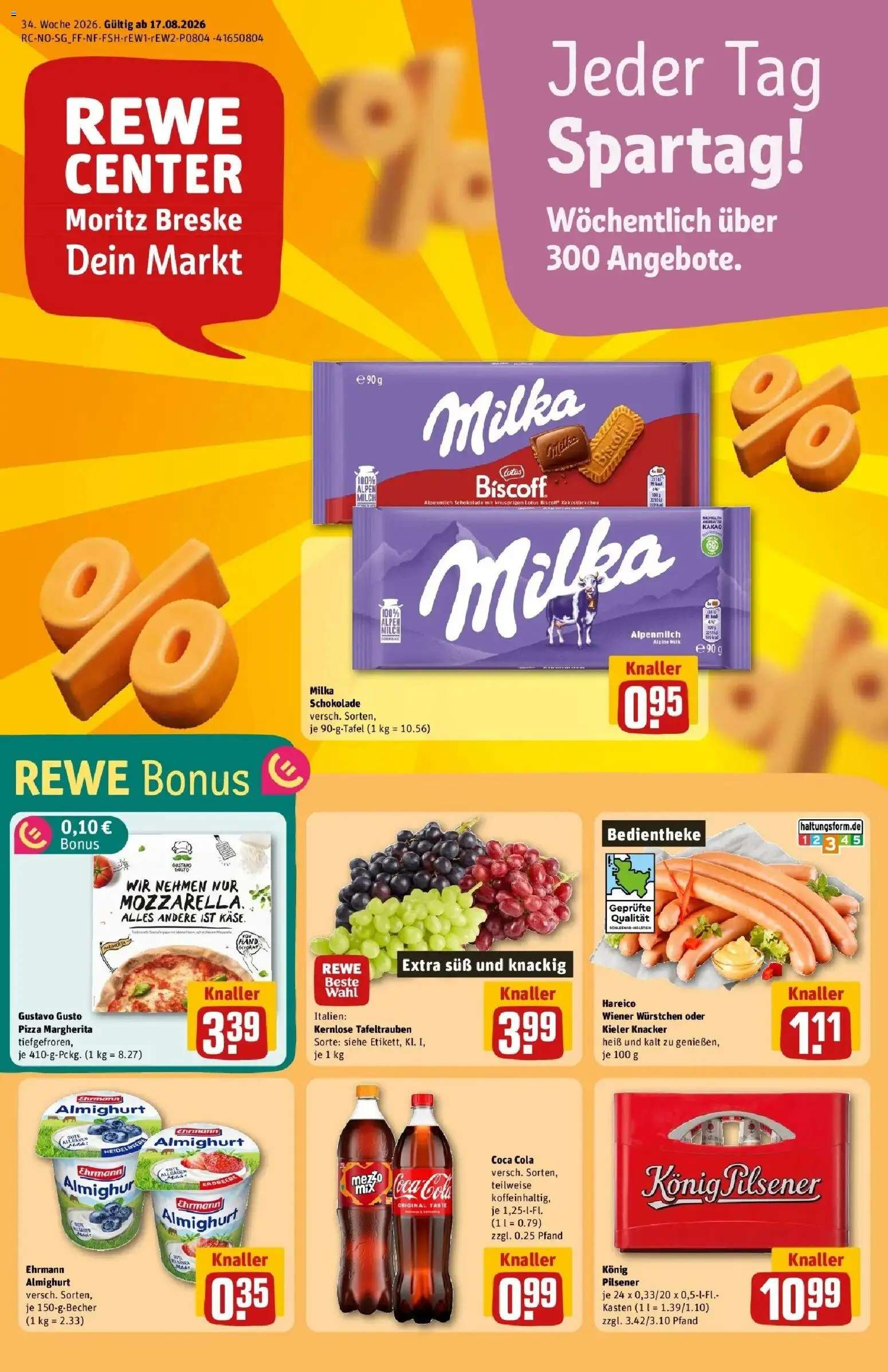 REWE Prospekt ab 17.08.2026 zum Blättern » Angebote | Seite: 1 | Produkte: Wiener wurstchen, Coca cola, Käse, Pizza