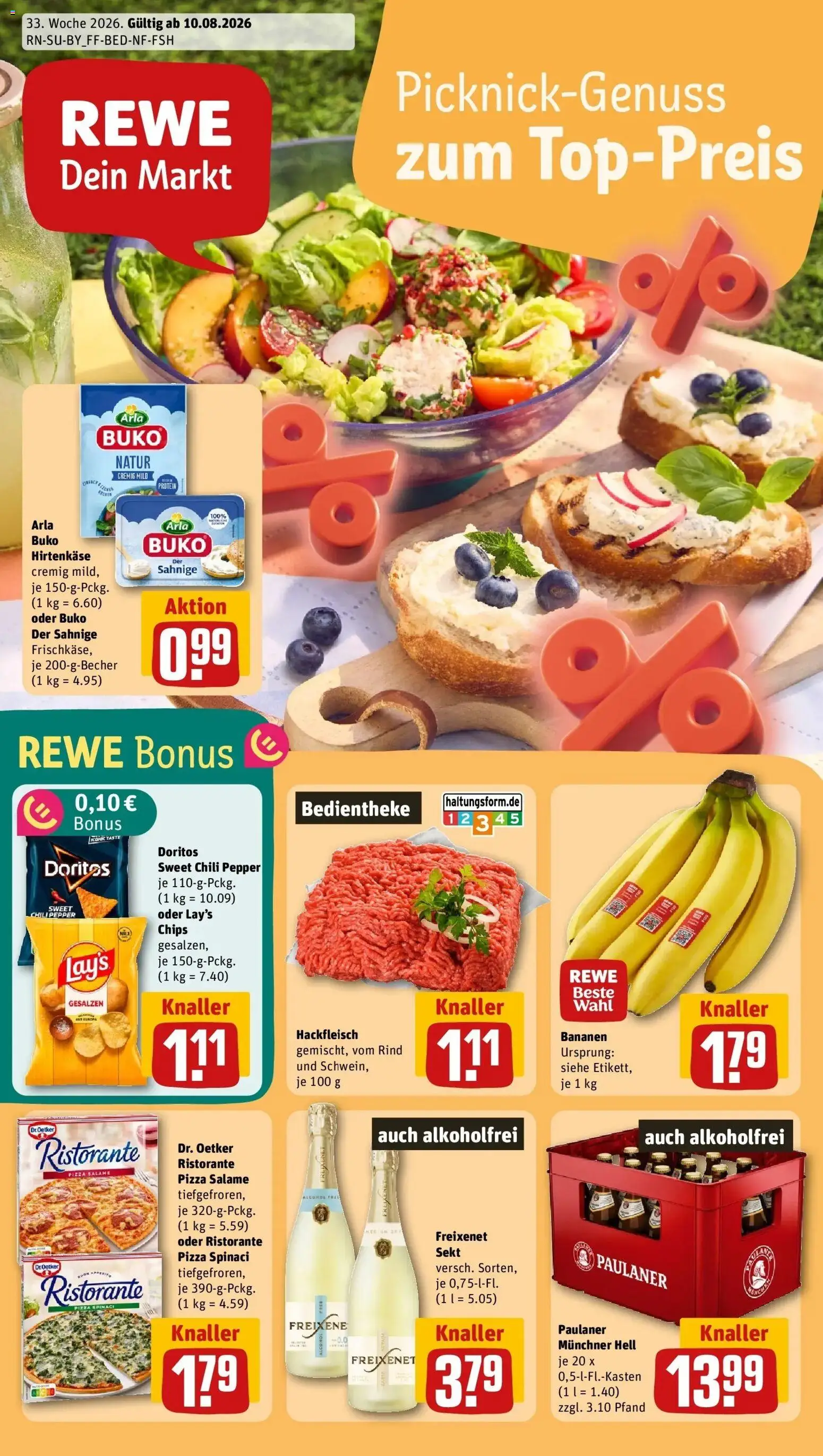 REWE Prospekt ab 10.08.2026 zum Blättern » Angebote | Seite: 1 | Produkte: Sekt, Arla buko, Pizza, Paulaner
