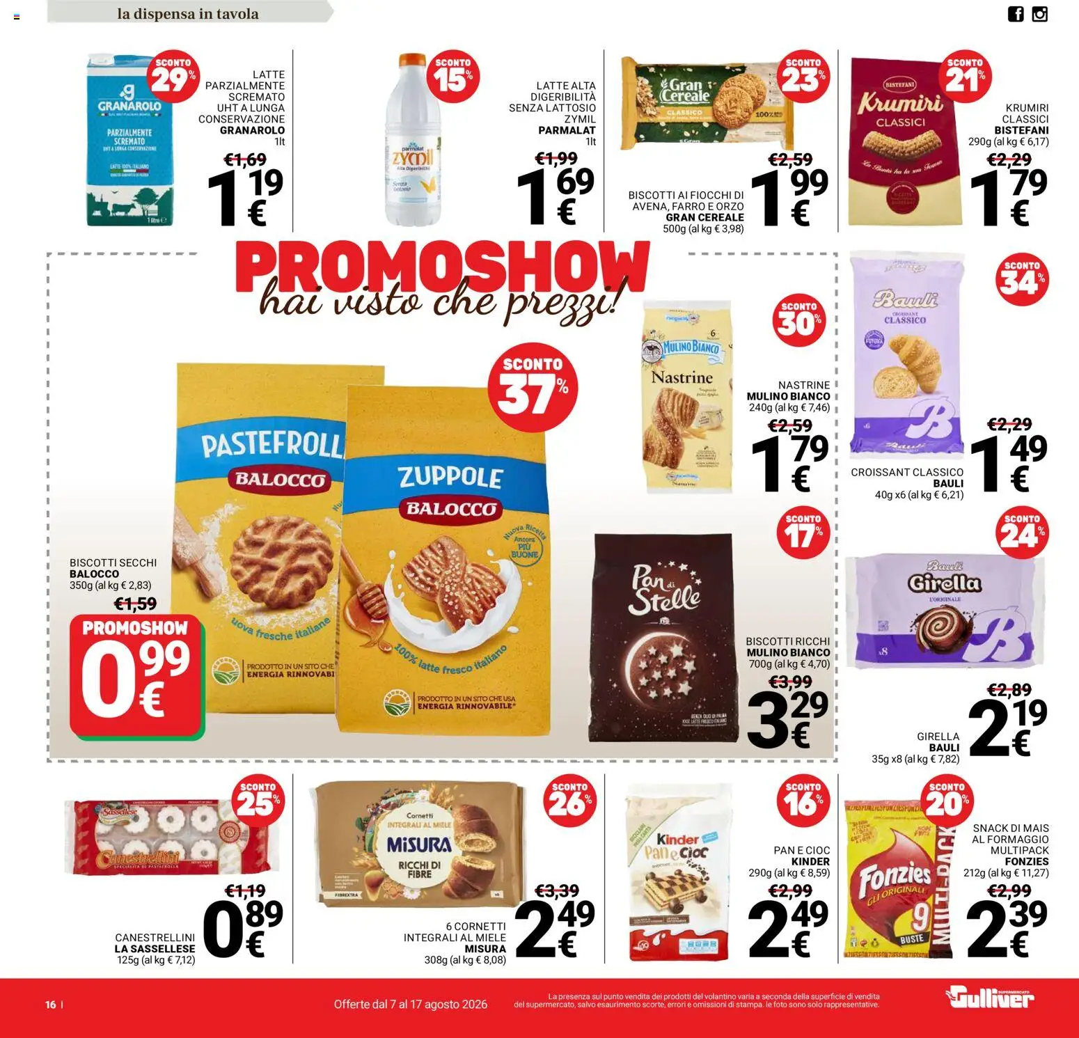 Volantino Gulliver del 07/08/2026 | Pagina: 16 | Prodotti: Uova, Biscotti, Latte, Croissant