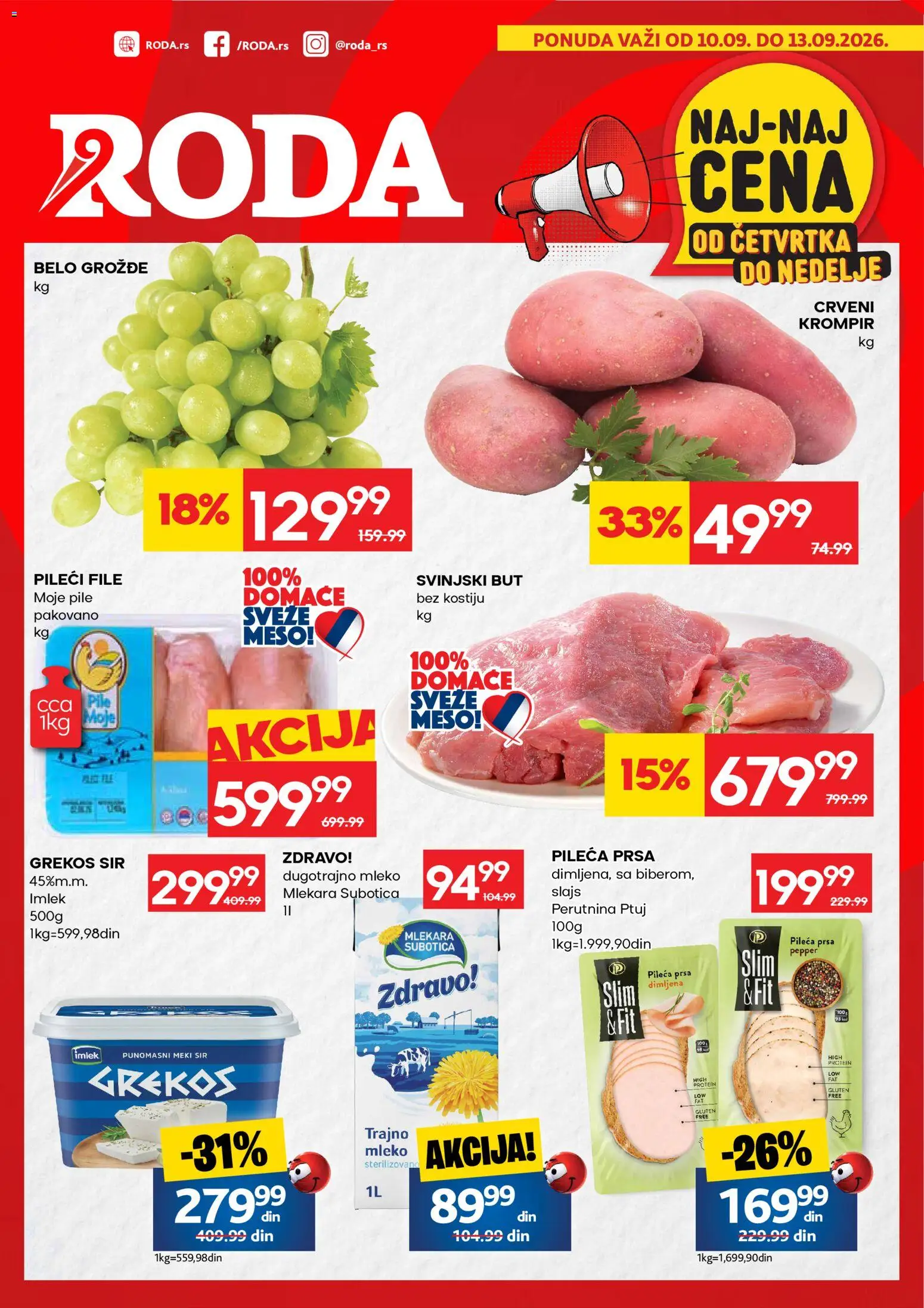 Roda katalog - važi od 10.09.2026 | Strana: 1 | Proizvode: Pileća prsa, Pileći file, Krompir, Mleko