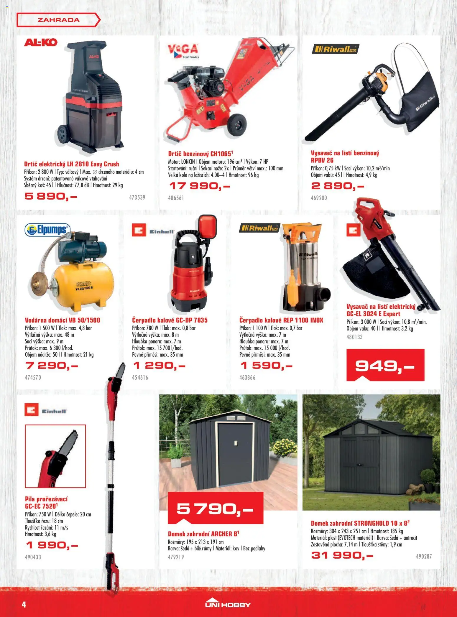 Uni Hobby leták od 27.08.2026 | Strana: 4 | Produkty: Drtič, Koš, Čerpadlo, Pila