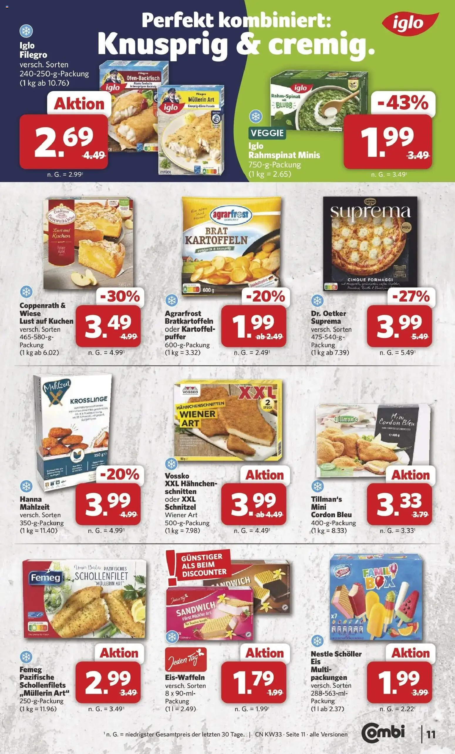 Combi Prospekt Steinhagen (ab 10.08.2026) zum Blättern | Seite: 13 | Produkte: Hahnchen, Iglo, Schnitzel, Kartoffeln