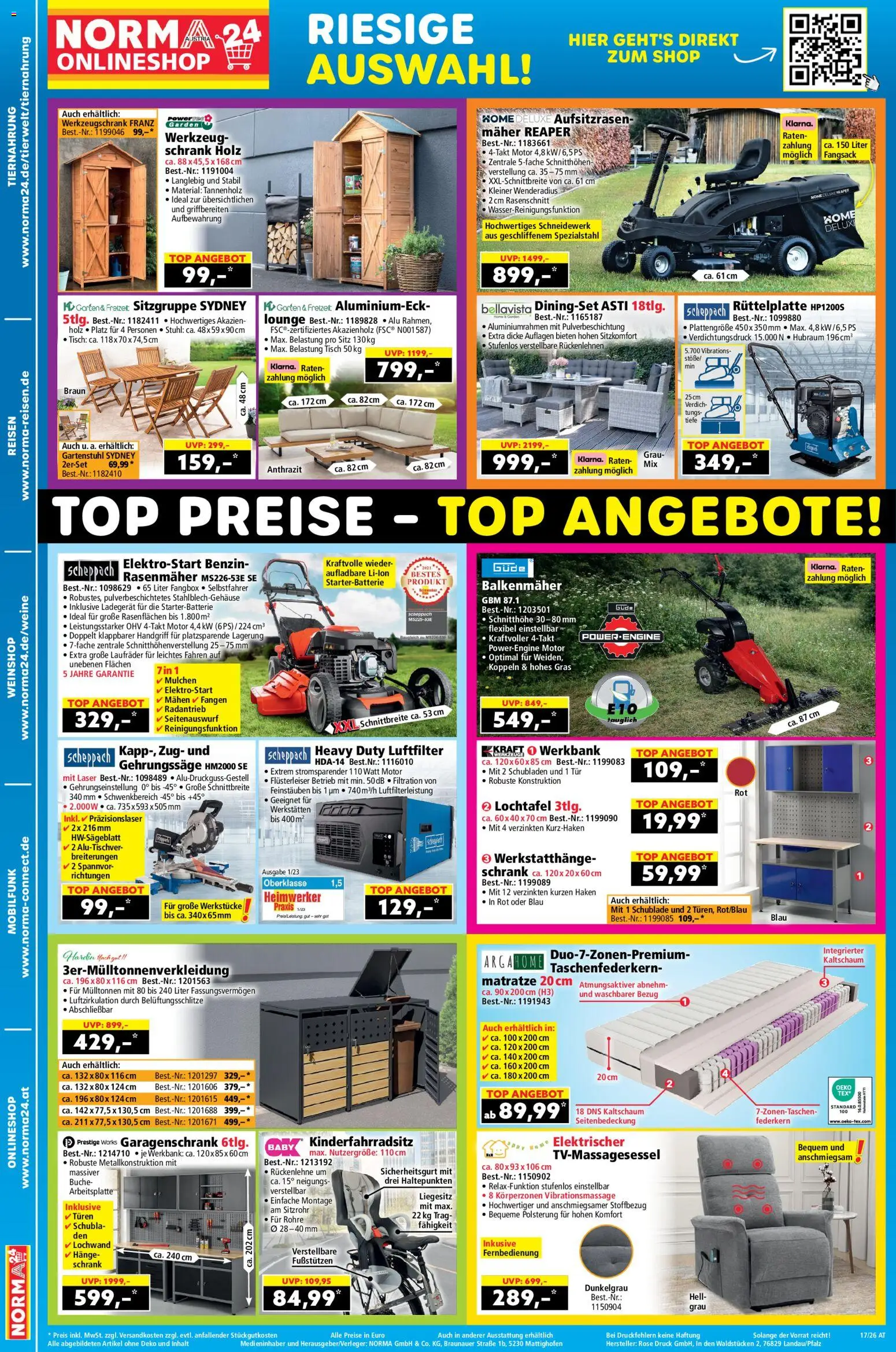 Norma Online shop gültig ab 20.04.2026 | Seite: 2 | Produkte: Rasenmäher, Matratze, Tisch, Schrank