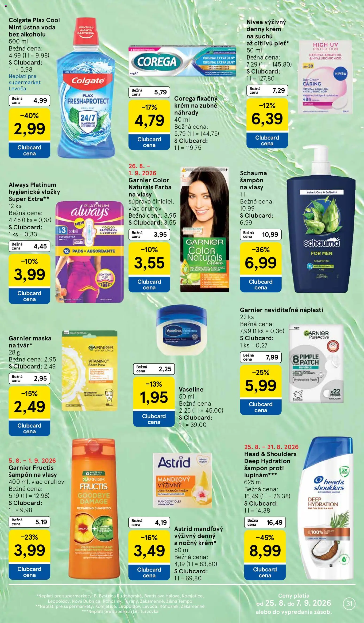 Nové Tesco akcie – leták je platný od 26.08.2026 | Strana: 31 | Produkty: Olej, Farba na vlasy, Voda, Head & Shoulders