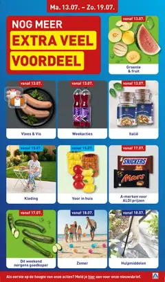 Vlees & Vis, Two sausages and two breaded meat products on a plate with parsley. - Voorbeeld van een folder van Aldi, geldig van 13-07-2026 | Pagina: 3 | Producten: Kisperec, Vis, Snickers, Festék