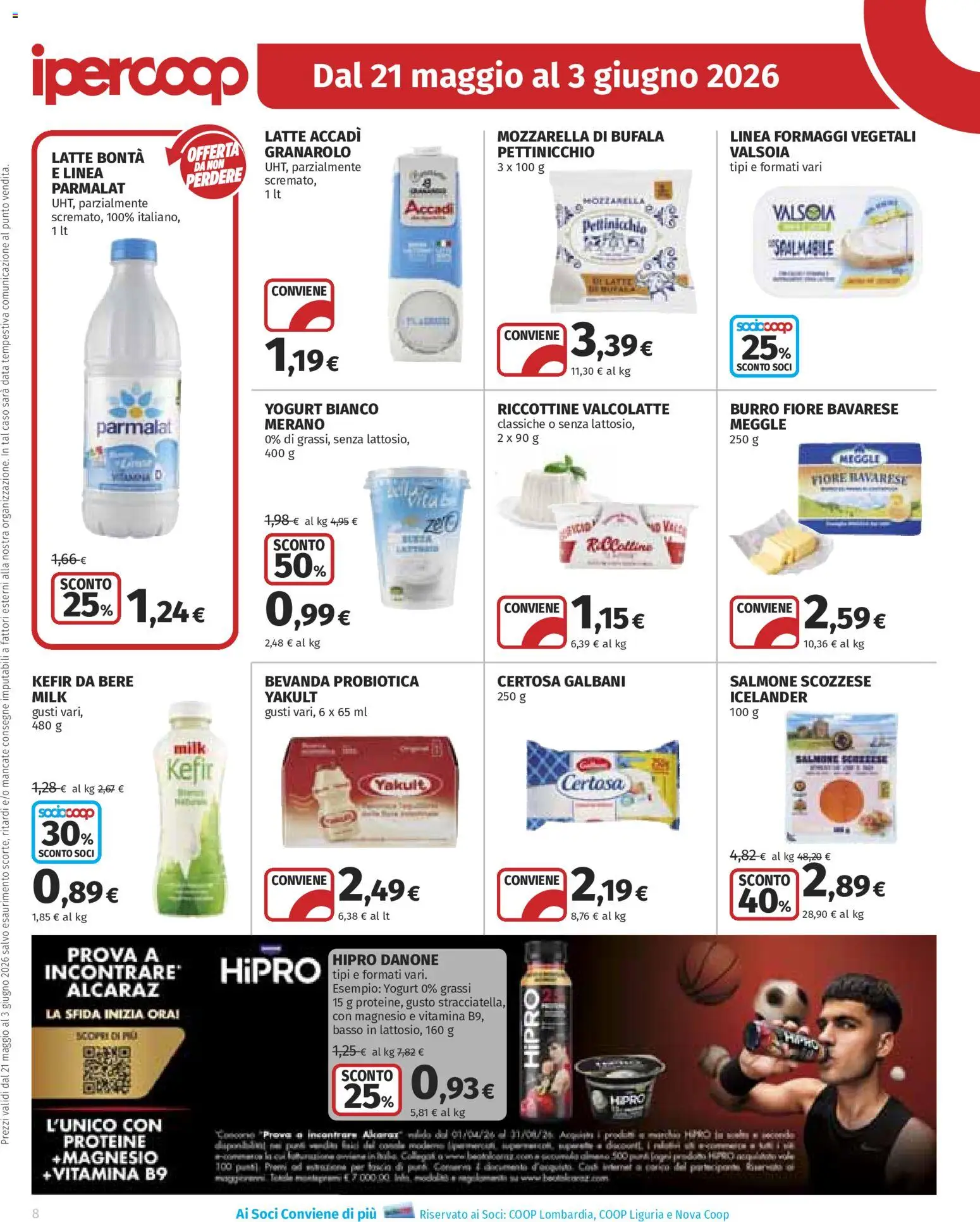 Volantino Ipercoop del 21.05.2026 | Pagina: 8 | Prodotti: Yogurt, Salmone, Latte, Burro