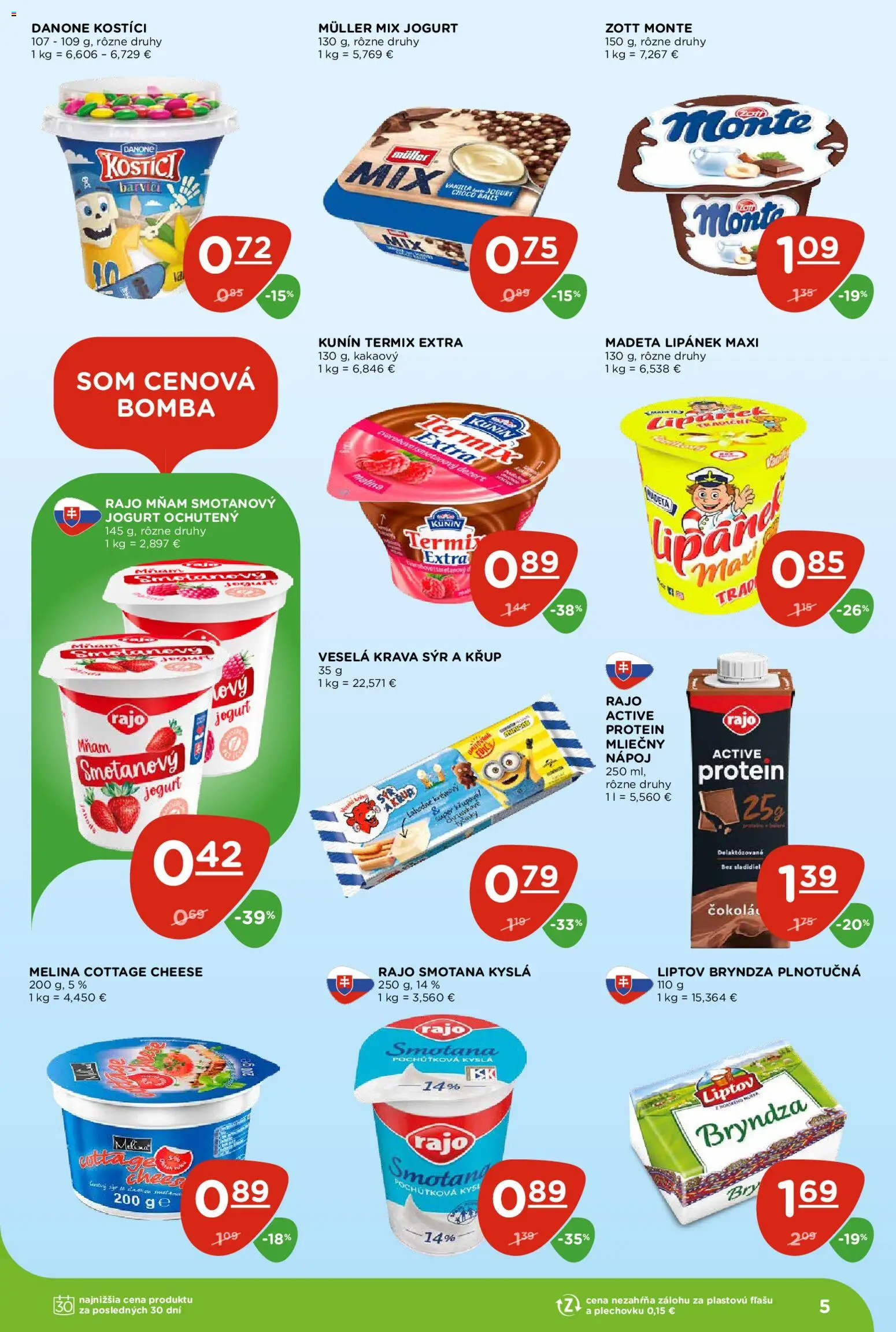 Nové Terno akcie – leták je platný od 23.04.2026 | Strana: 5 | Produkty: Syr, Smotana, Protein, Raid