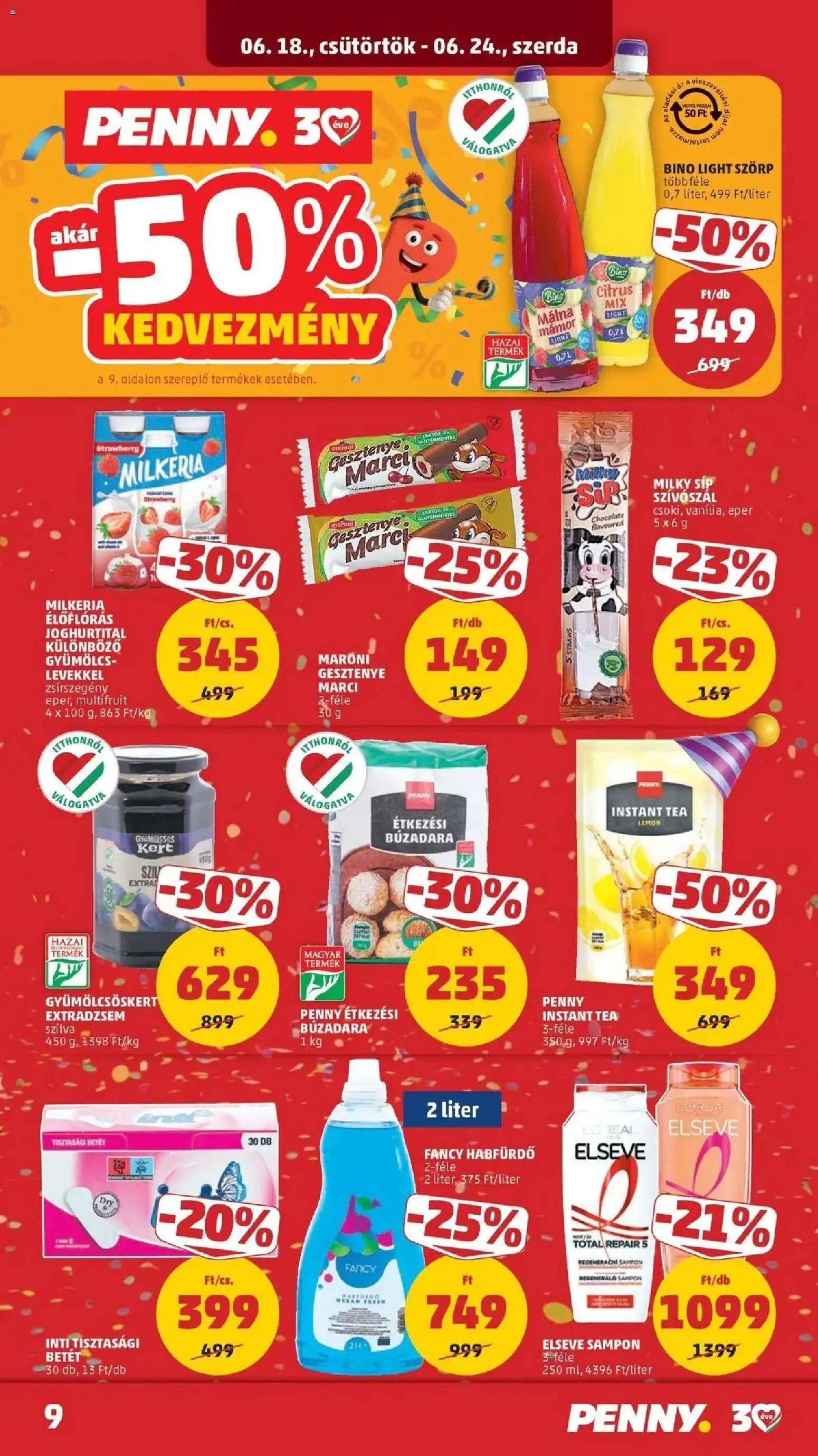 PENNY akciós ujság - amely érvényes a következő dátumtól: 18.06.2026 | Oldal: 9 | Termékek: Szörp, Habfürdő, Tisztasági betét, Sampon