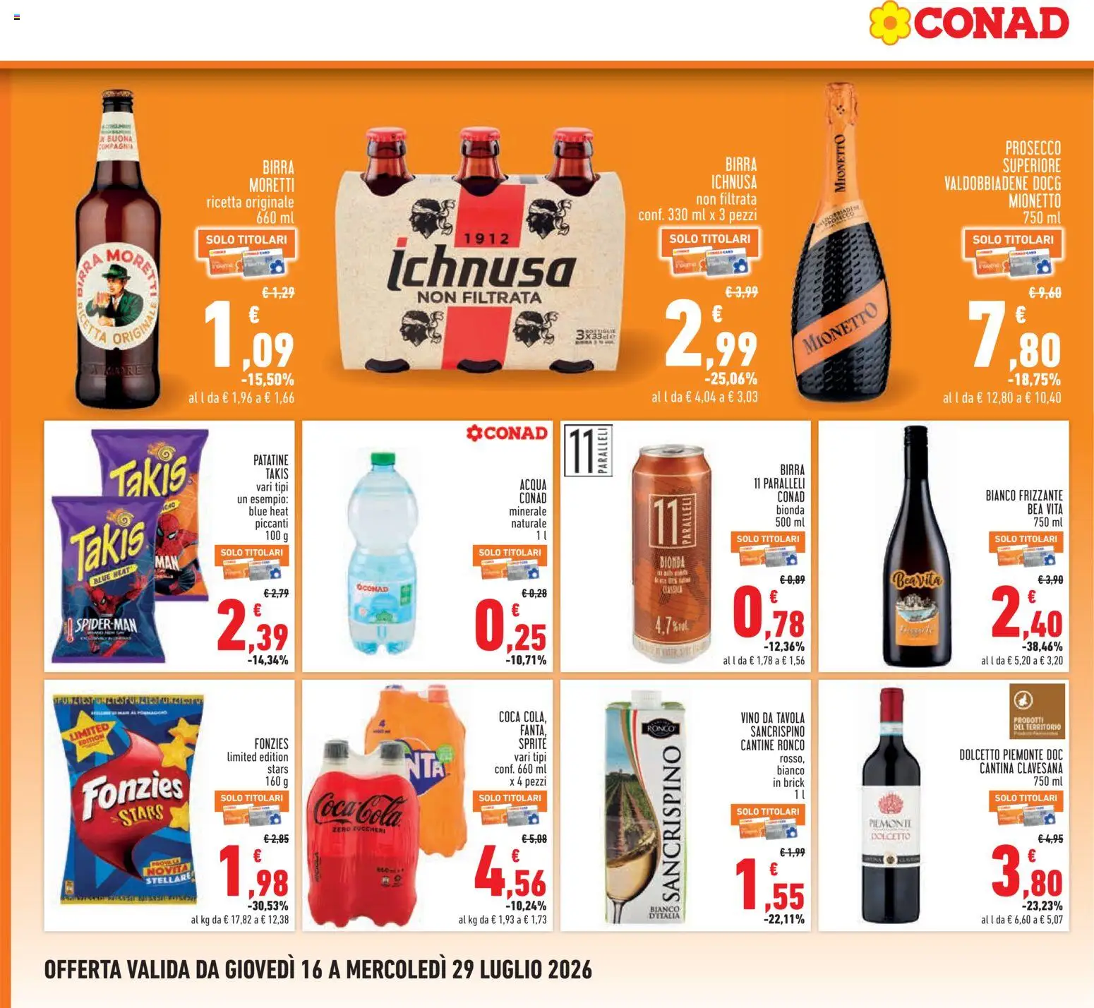 Volantino Conad del 16/07/2026 | Pagina: 20 | Prodotti: Patatine, Prosecco, Vino, Birra Moretti
