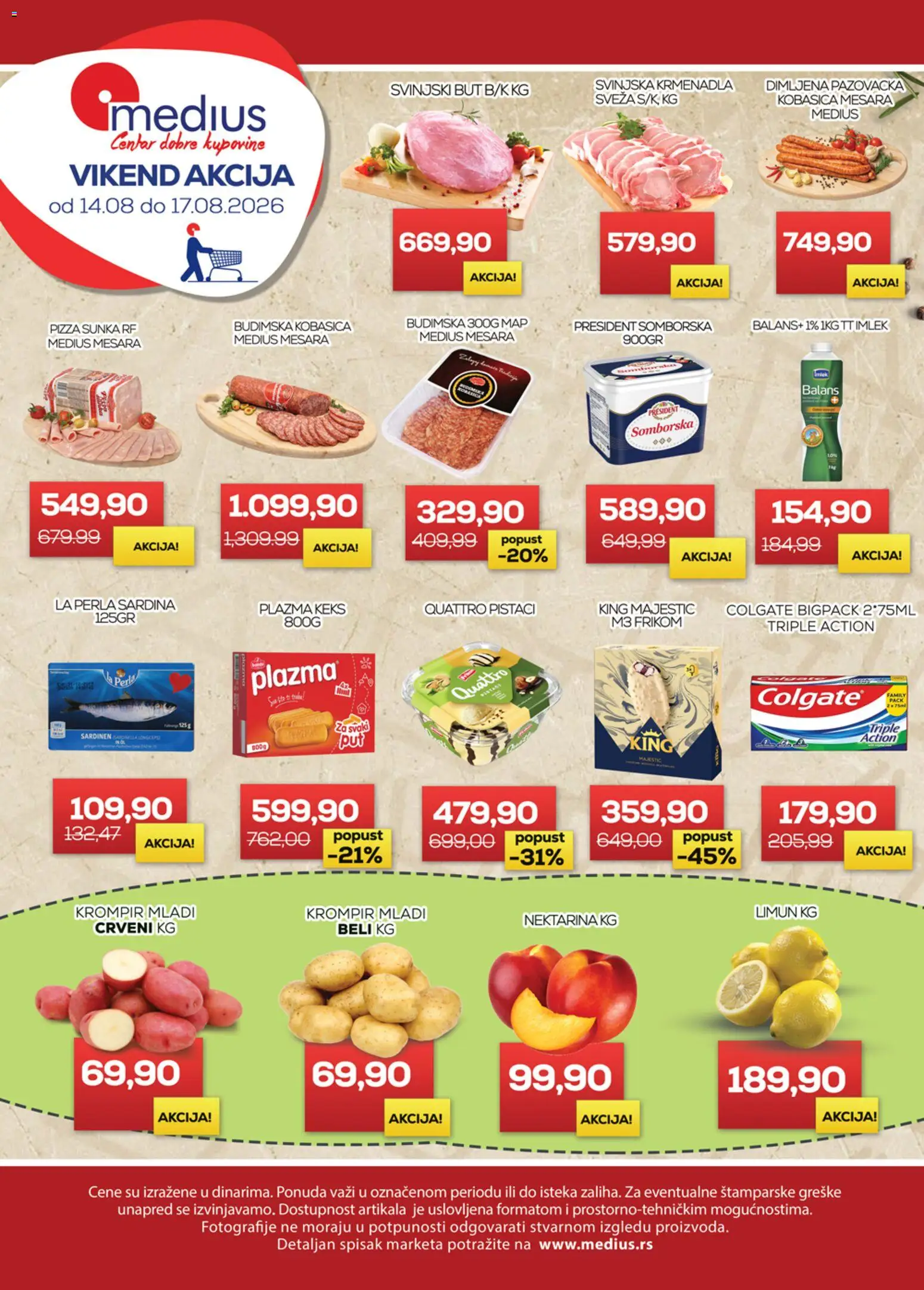 Medius katalog - važi od 14.08.2026 | Strana: 1 | Proizvode: Colgate, Keks, Svinjski but, Pizza šunka