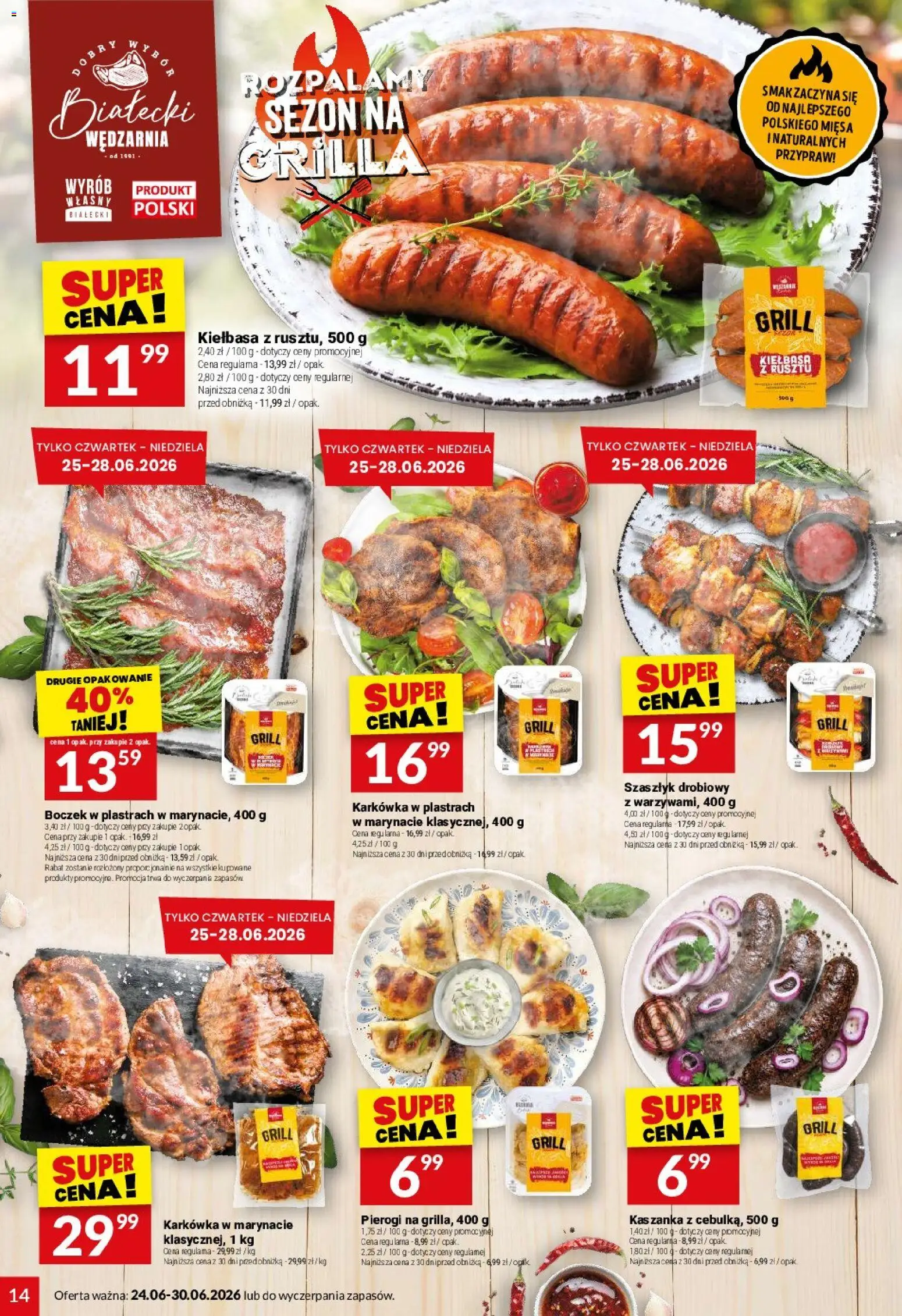 Twój Market gazetka od 24.06.2026 | Strona: 14 | Produkty: Kiełbasa, Karkówka, Grill, Boczek