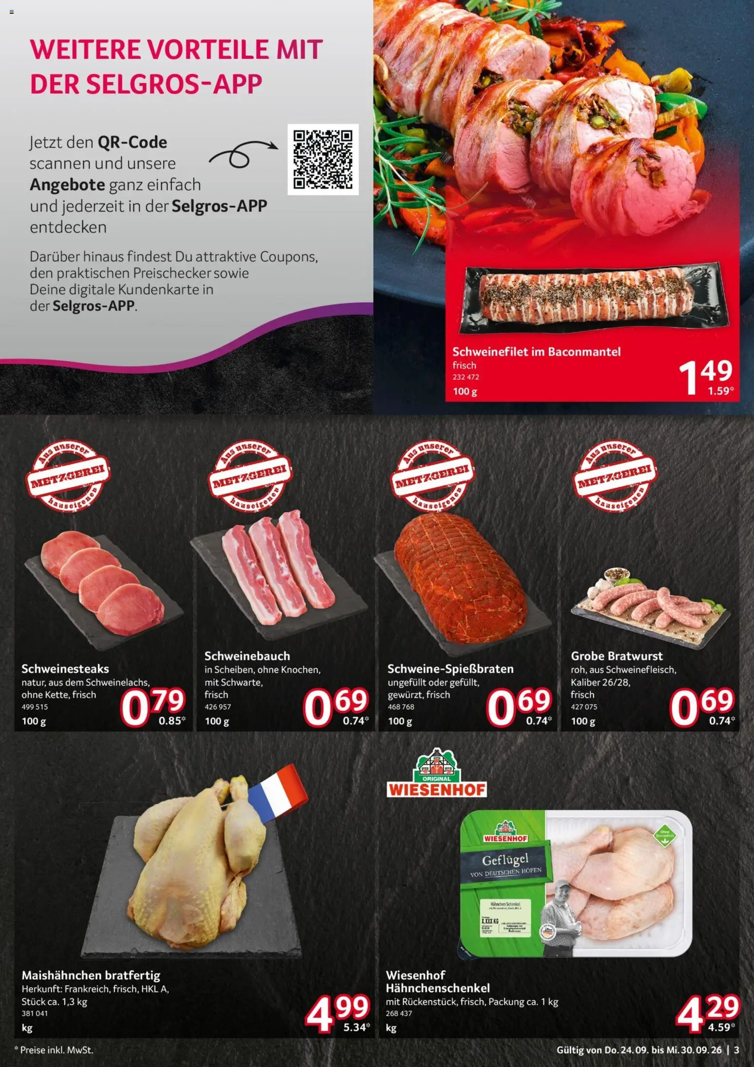 Selgros Prospekt – gültig ab 24.09.2026 | Seite: 3 | Produkte: Hahnchenschenkel, Schweinebauch, Bratwurst, Schweinefilet