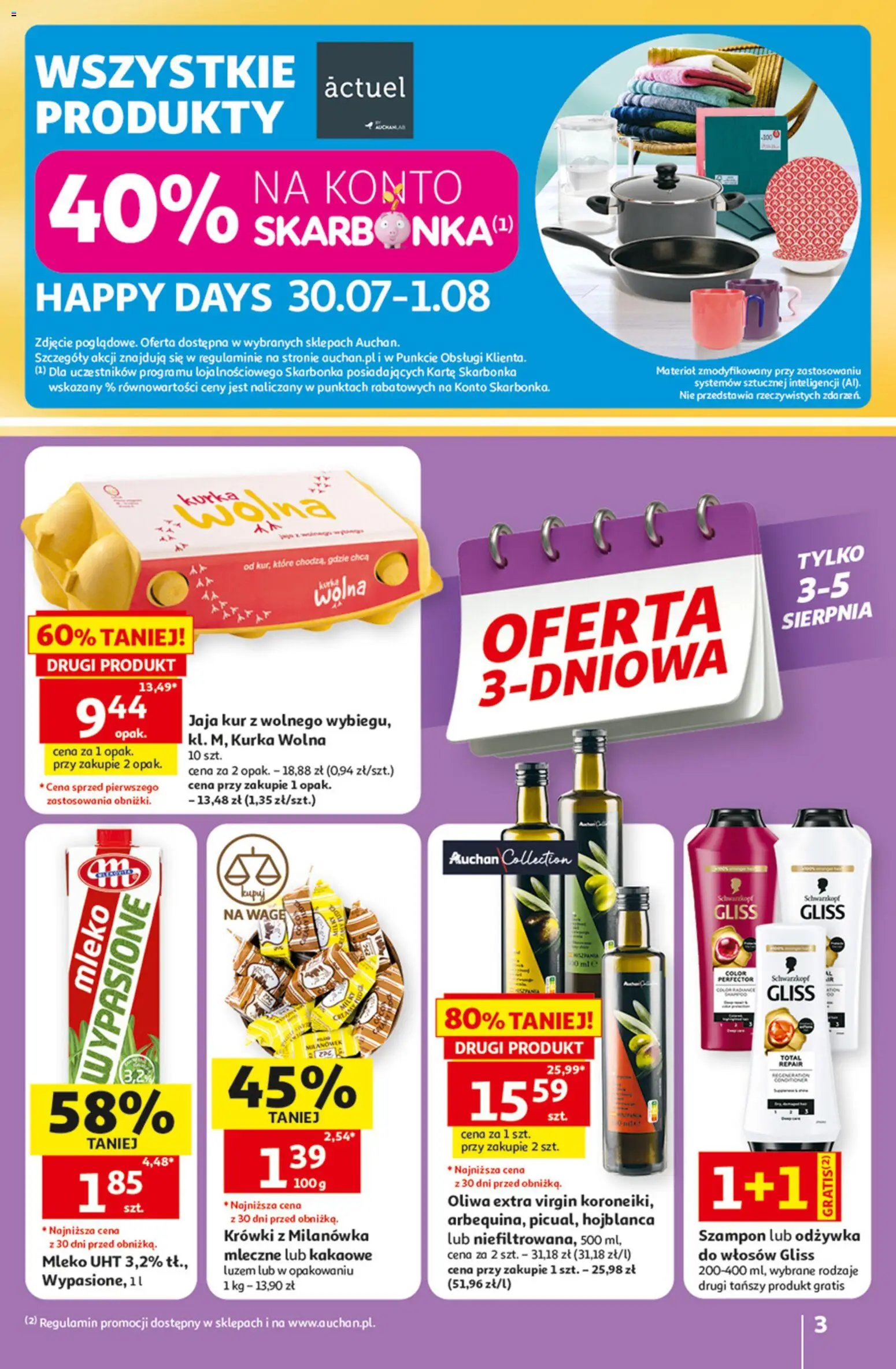 Auchan gazetka - 30 Lat Hipermarket od 30.07.2026 | Strona: 3 | Produkty: Oliwa extra virgin, Odżywka, Jaja, Krówki